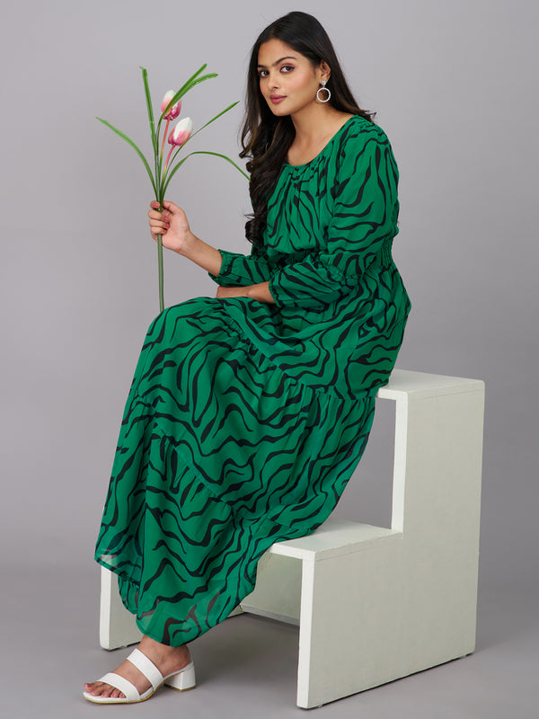 Green and Black Abstract Print Dress (GBKU5239)