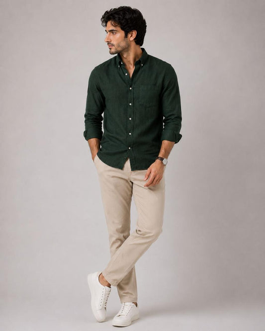Dark Green Linen Button Down Shirt