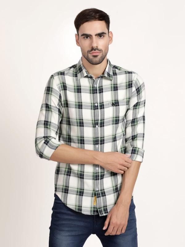 Men White and Green Checked  Formal Shirt (GBRJ6026)