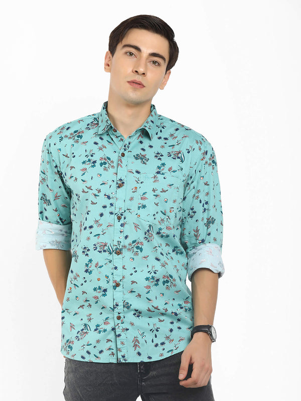 Turquoise Blue Floral Print Casual Shirt (GBMNR2025)