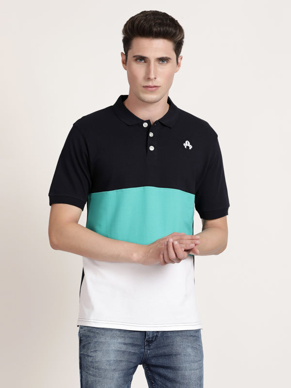 Men Black Striped Polo Collar T-shirt (CRISPA3505)