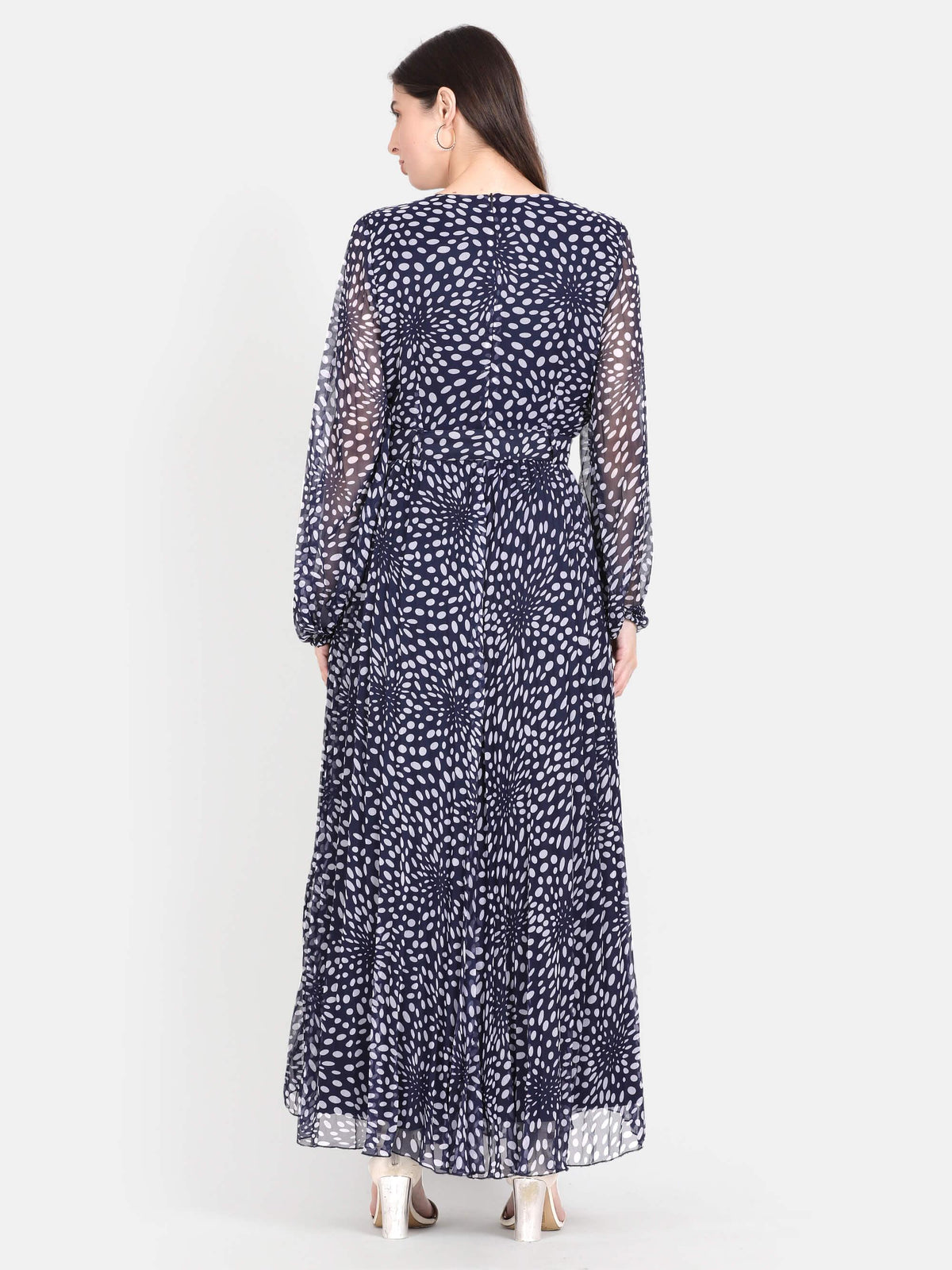 Blue Polka Printed Pleated Maxi Dress (GBF7001) - G O O S E B E R Y®