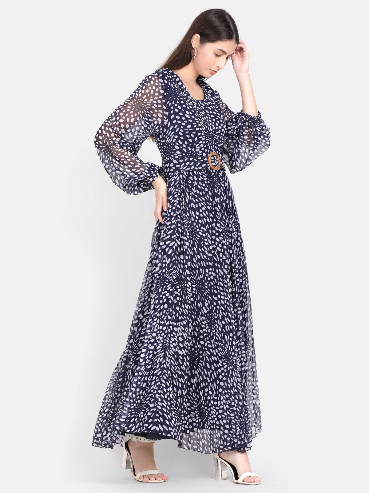 Blue Polka Printed Pleated Maxi Dress (GBF7001) - G O O S E B E R Y®