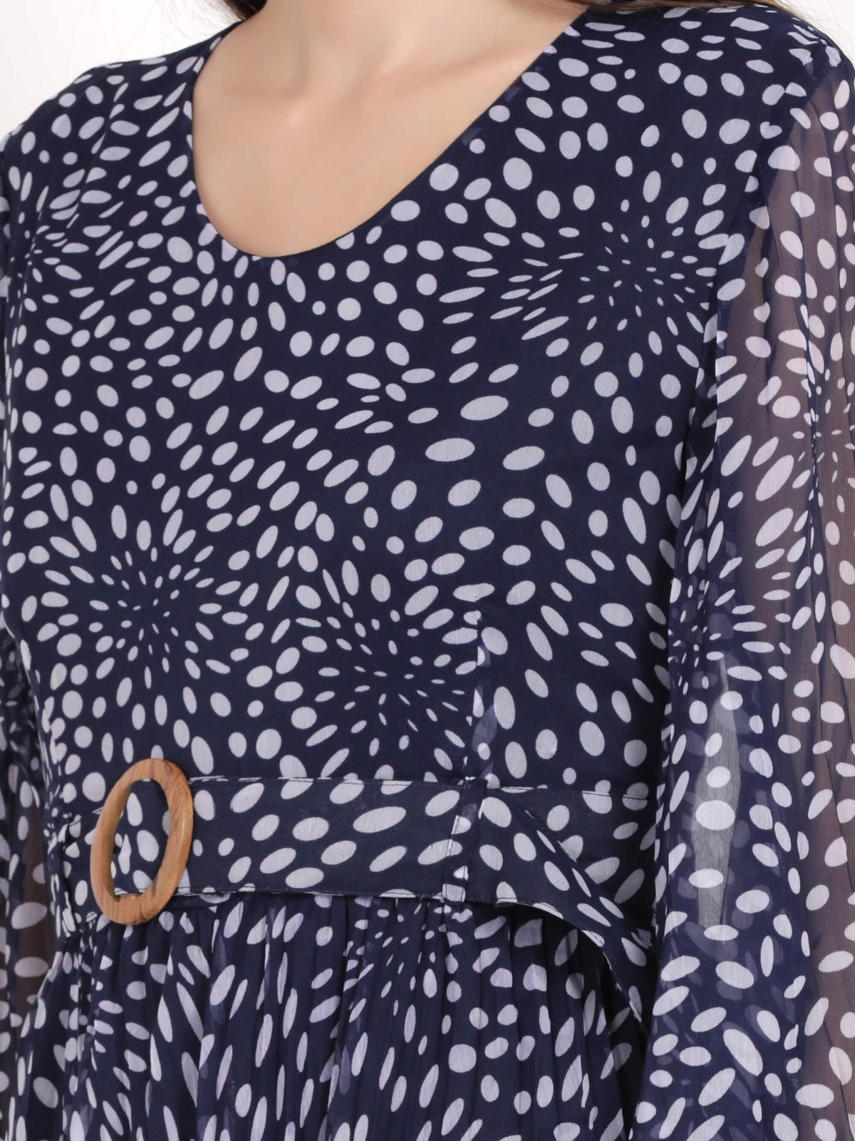 Blue Polka Printed Pleated Maxi Dress (GBF7001) - G O O S E B E R Y®