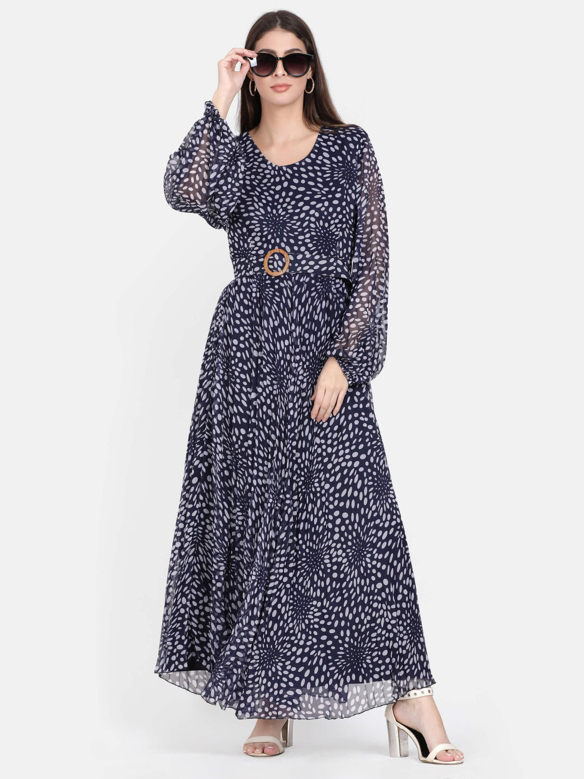 Blue Polka Printed Pleated Maxi Dress (GBF7001) - G O O S E B E R Y®
