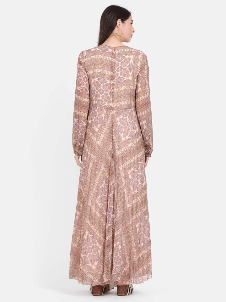 Beige Abstract Print Pleated Maxi Dress (GBF7003) - G O O S E B E R Y®