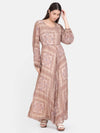Beige Abstract Print Pleated Maxi Dress (GBF7003) - G O O S E B E R Y®