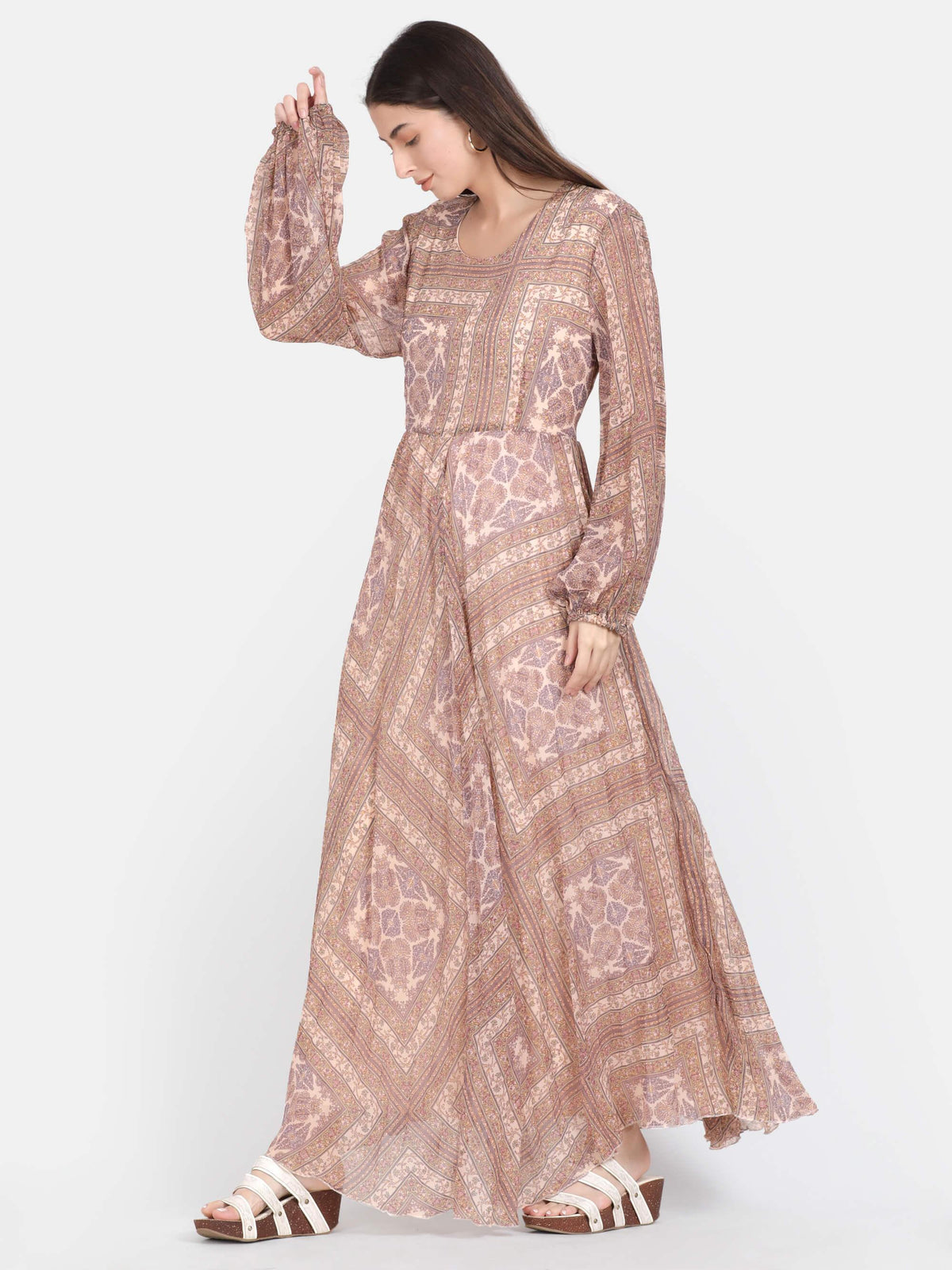 Beige Abstract Print Pleated Maxi Dress (GBF7003) - G O O S E B E R Y®