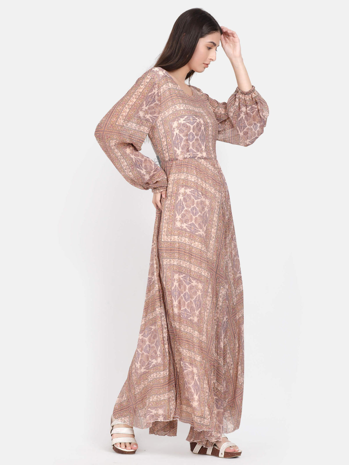 Beige Abstract Print Pleated Maxi Dress (GBF7003) - G O O S E B E R Y®