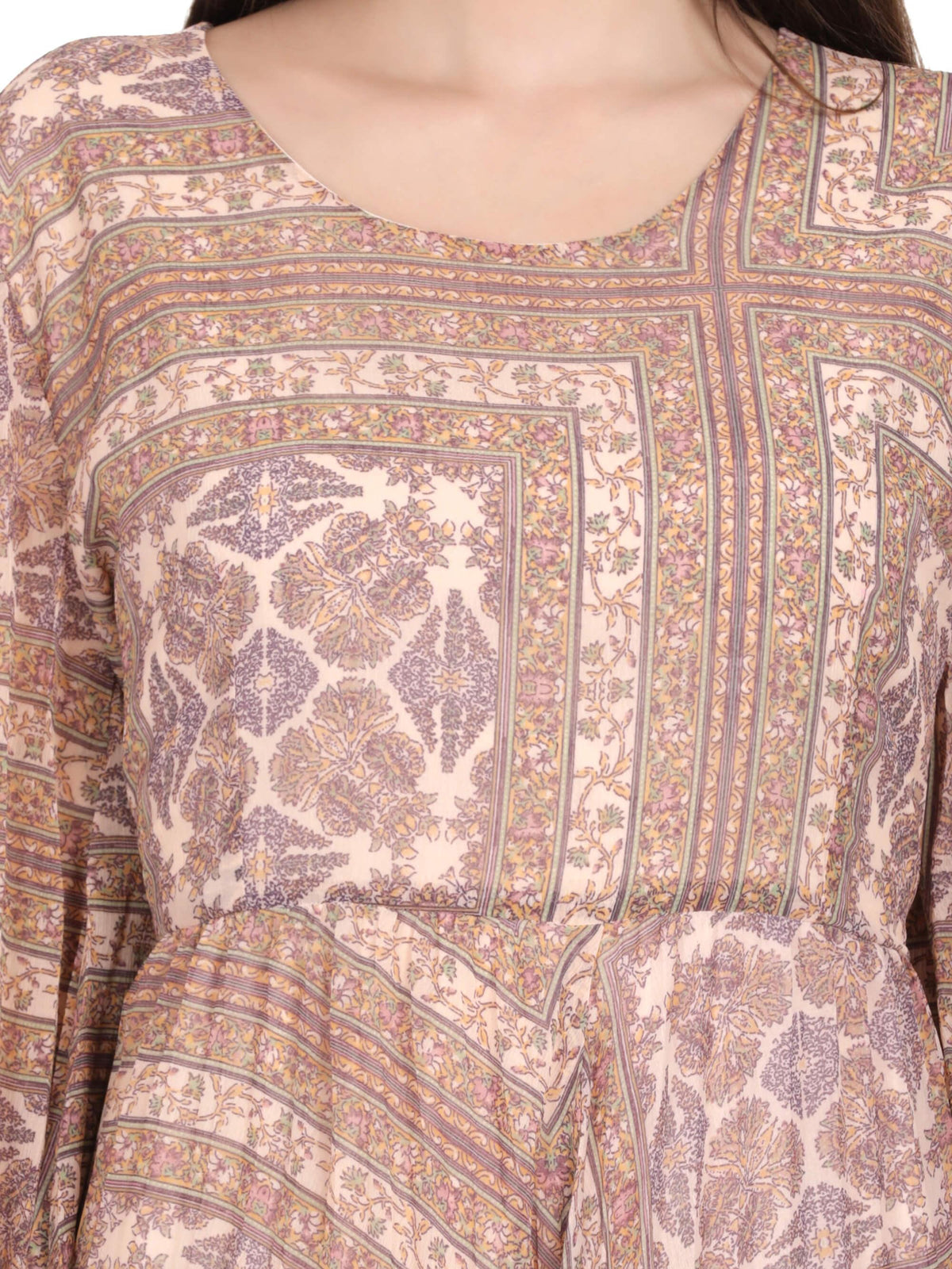 Beige Abstract Print Pleated Maxi Dress (GBF7003) - G O O S E B E R Y®
