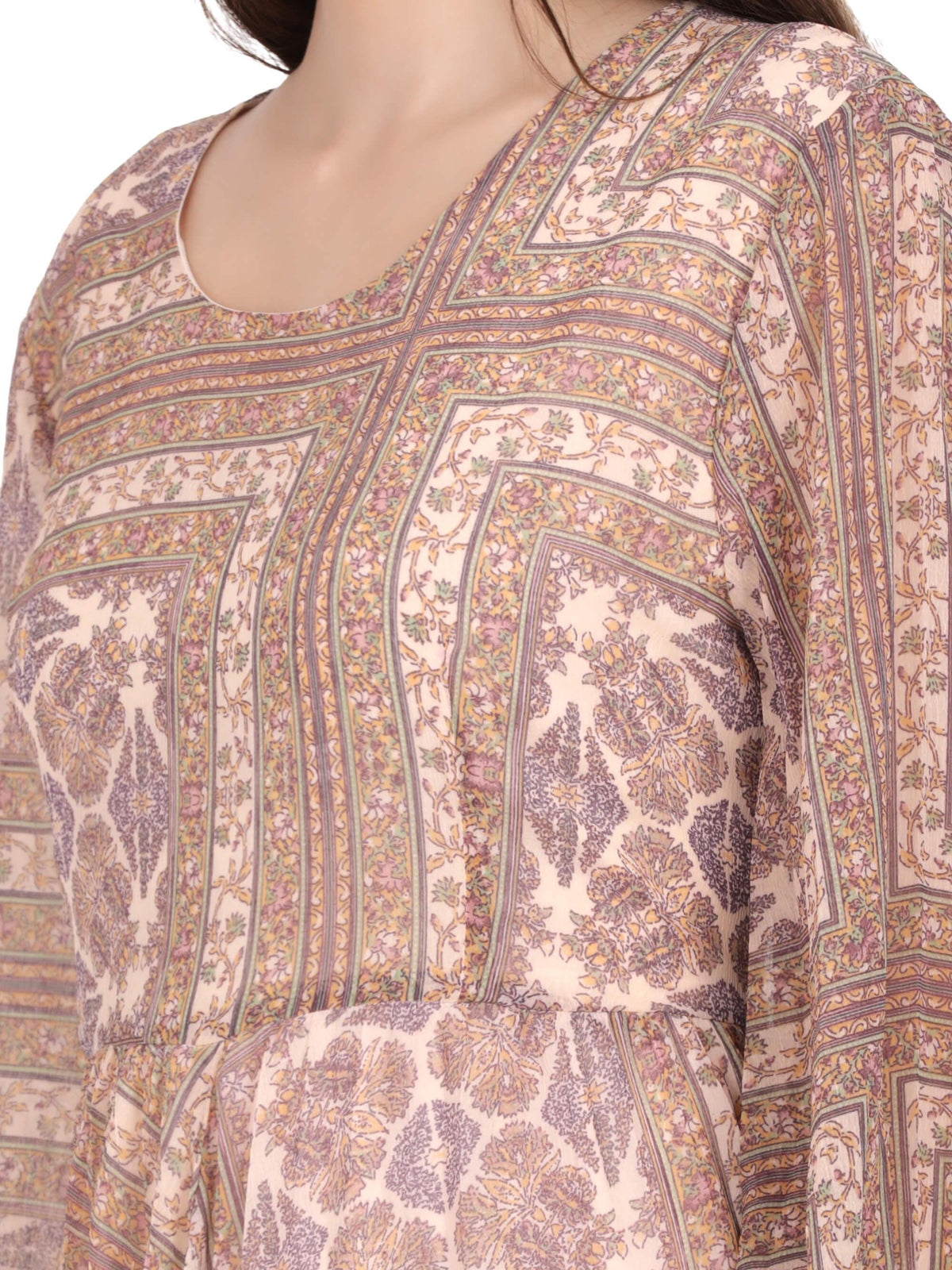 Beige Abstract Print Pleated Maxi Dress (GBF7003) - G O O S E B E R Y®