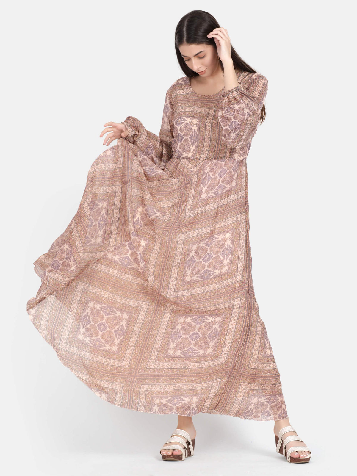 Beige Abstract Print Pleated Maxi Dress (GBF7003) - G O O S E B E R Y®