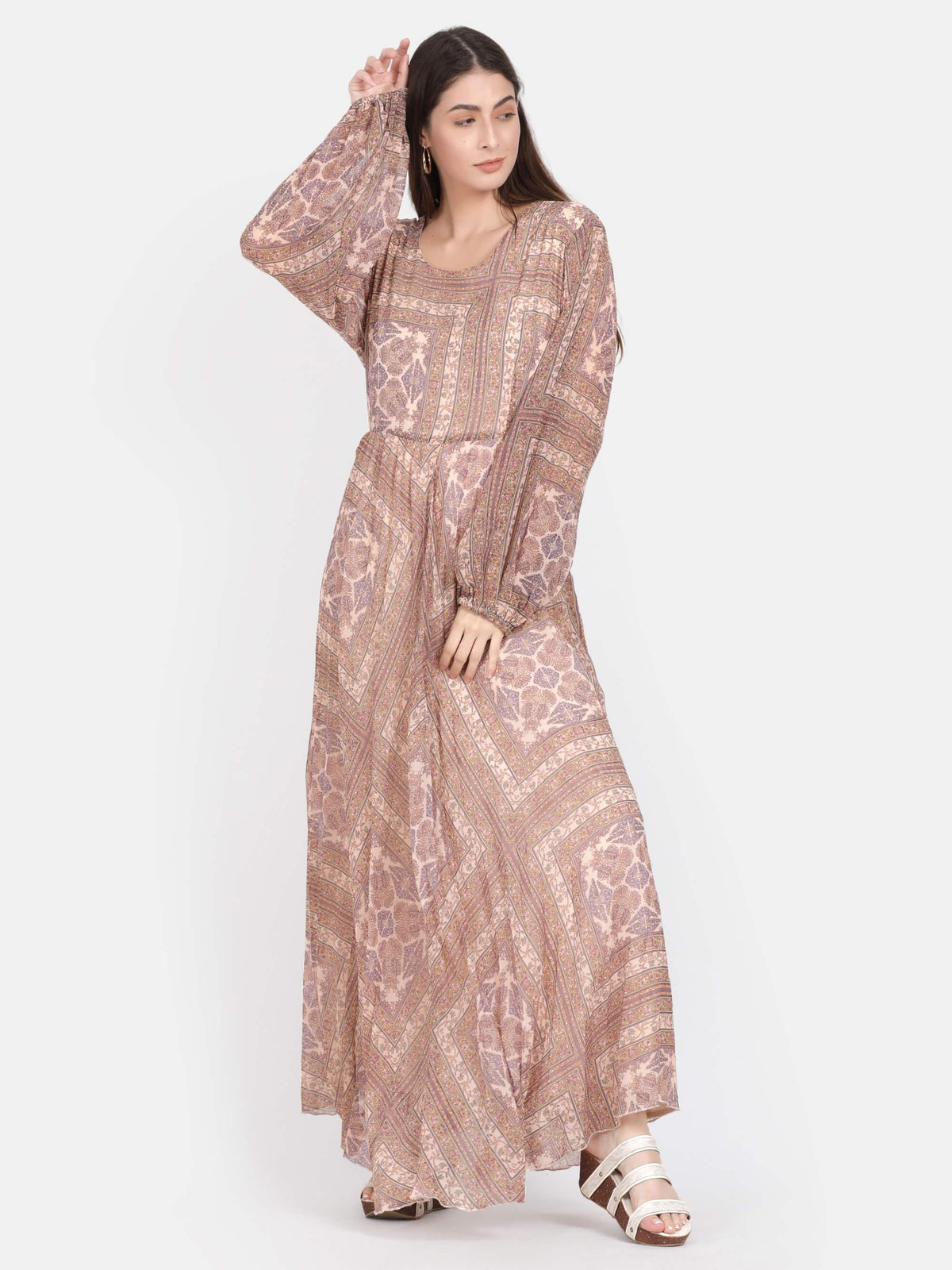 Beige Abstract Print Pleated Maxi Dress (GBF7003) - G O O S E B E R Y®