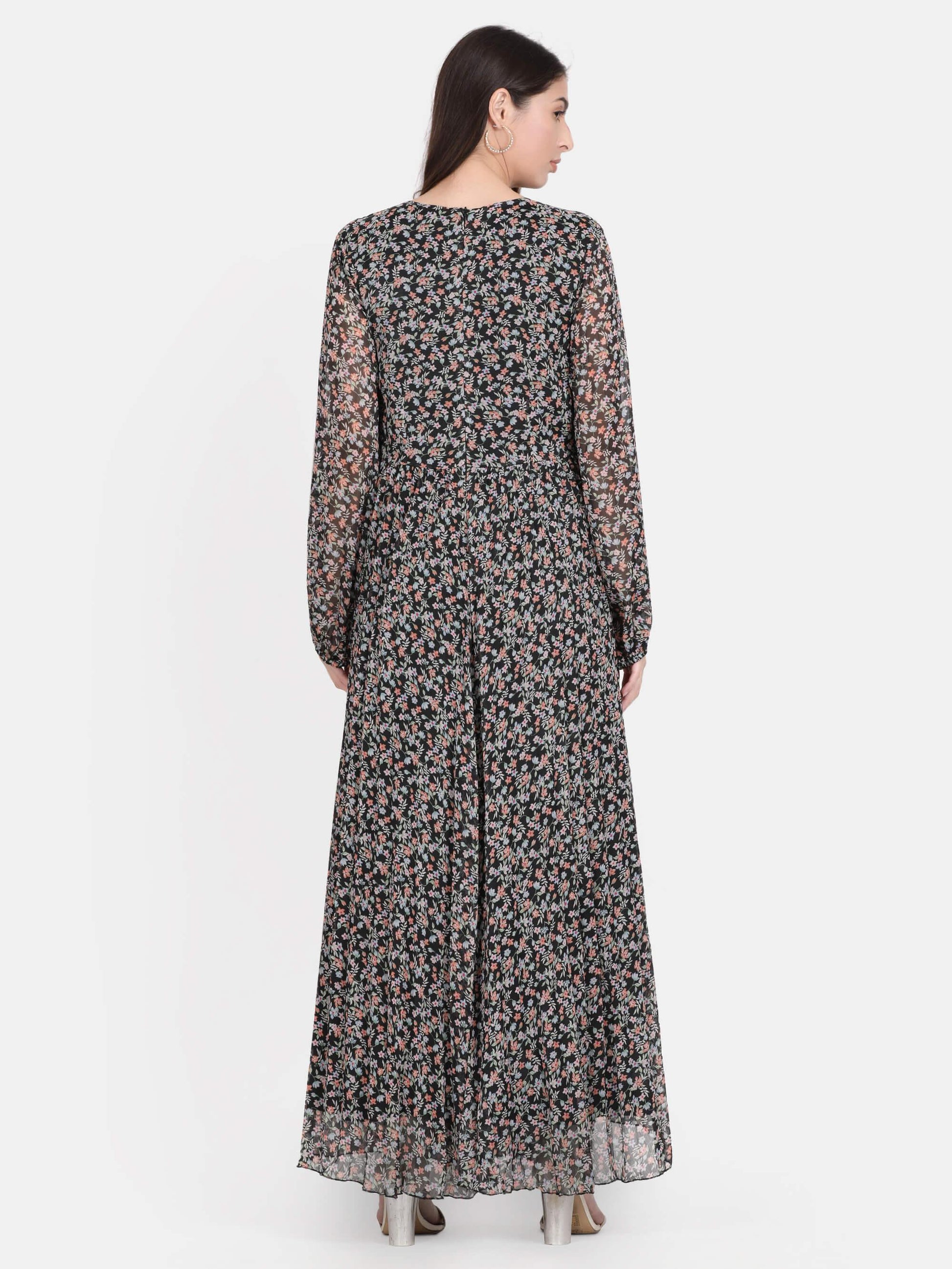 Black Floral Print Pleated Maxi Dress (GBF7004) - G O O S E B E R Y®
