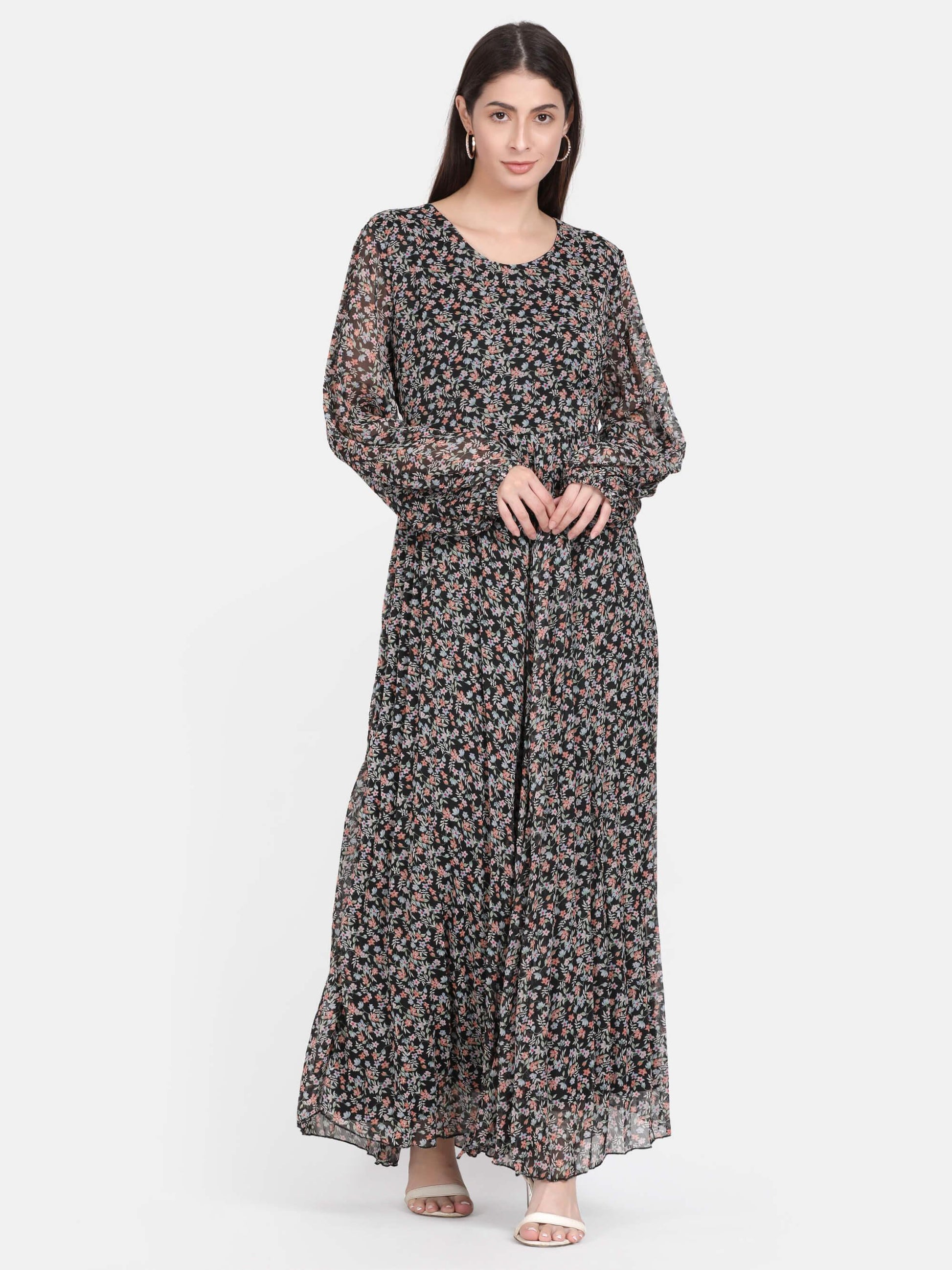 Black Floral Print Pleated Maxi Dress (GBF7004) - G O O S E B E R Y®