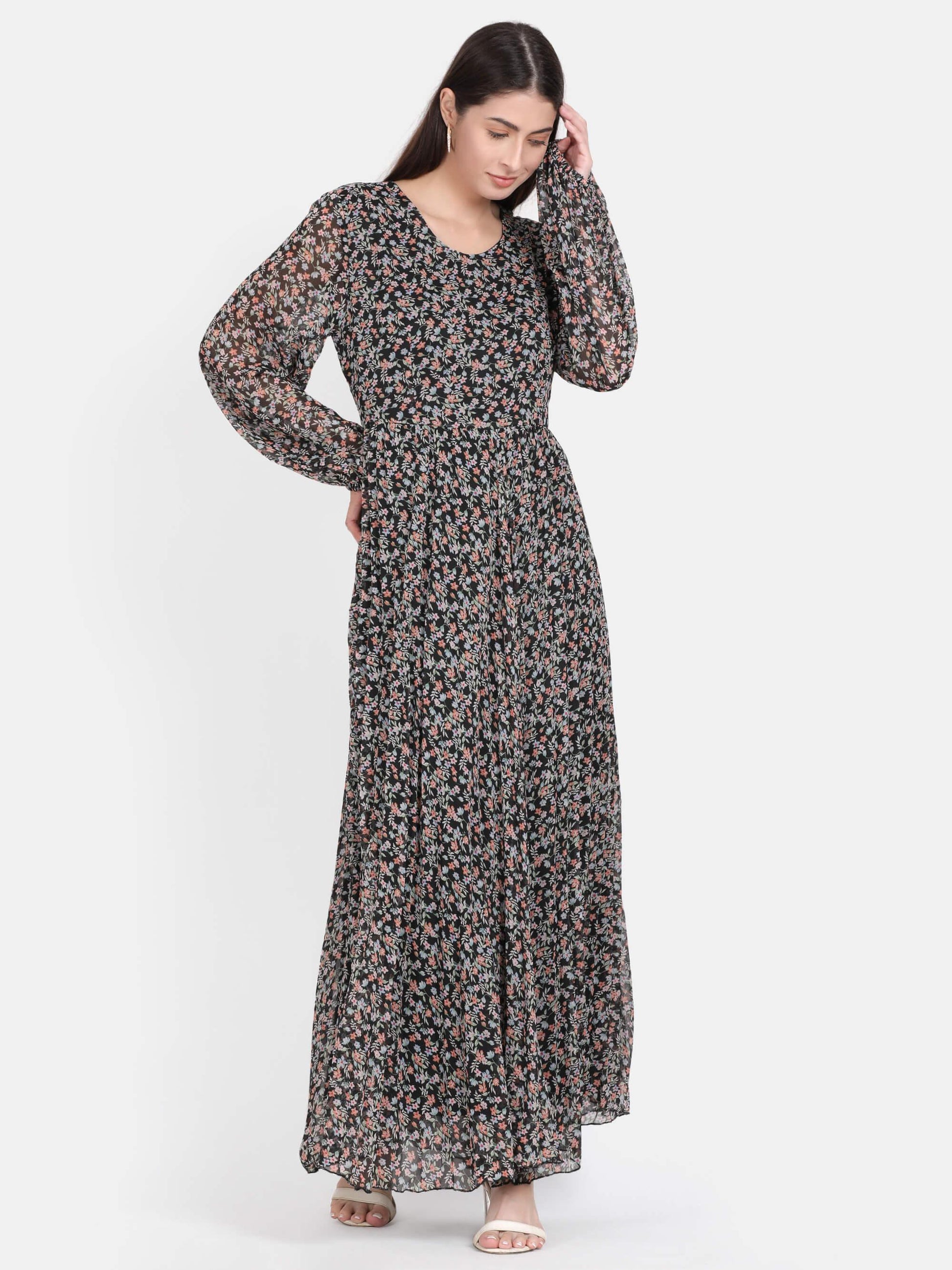 Black Floral Print Pleated Maxi Dress (GBF7004) - G O O S E B E R Y®