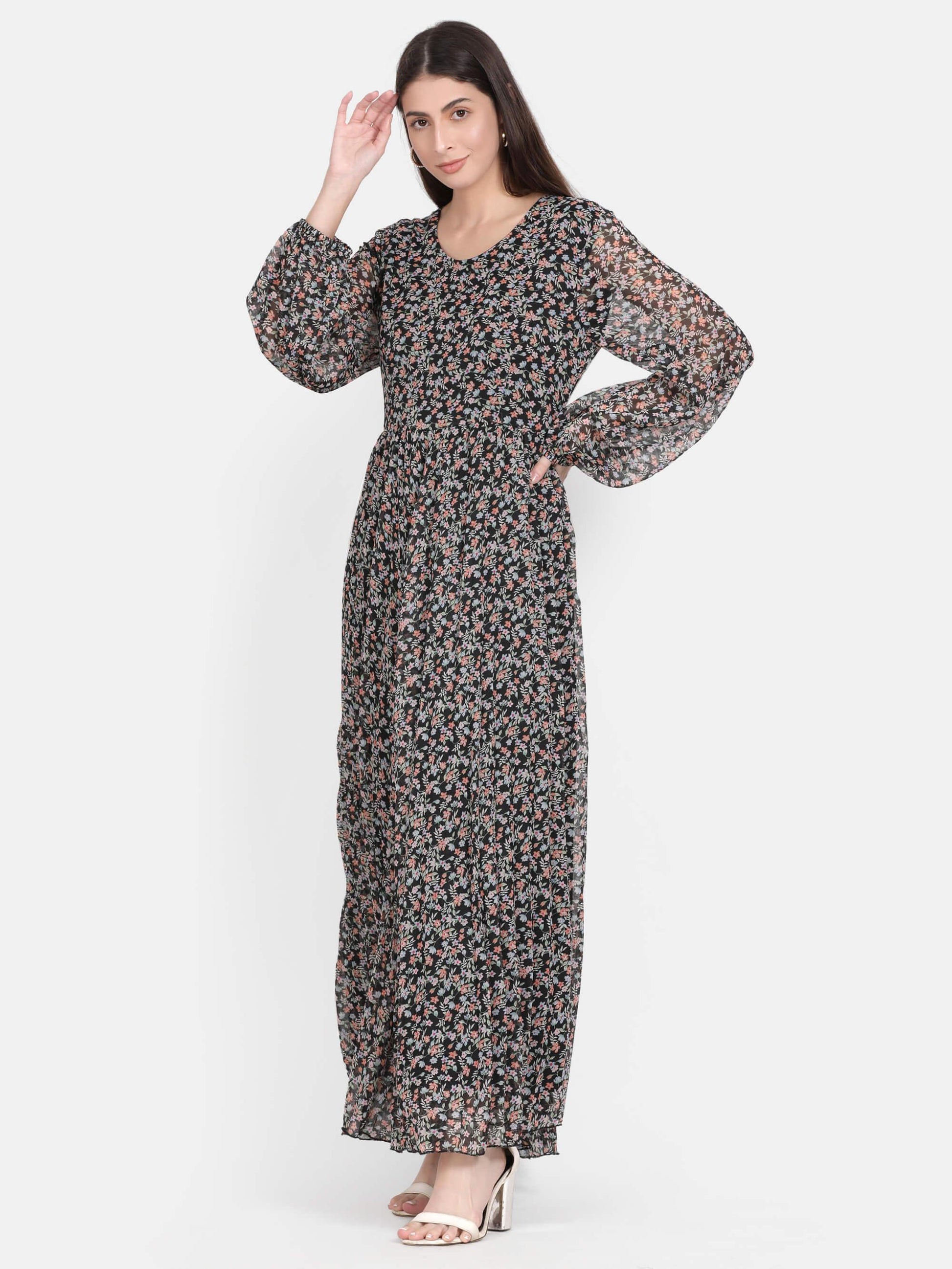 Black Floral Print Pleated Maxi Dress (GBF7004) - G O O S E B E R Y®