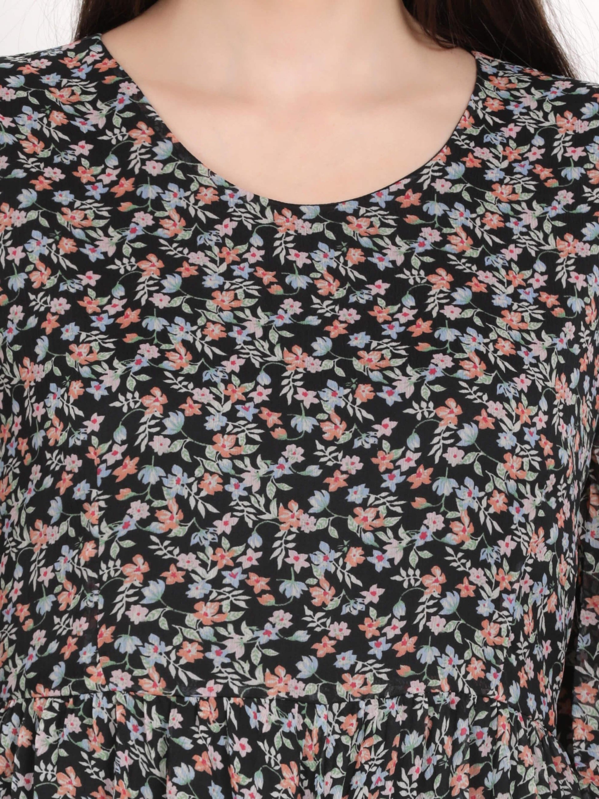 Black Floral Print Pleated Maxi Dress (GBF7004) - G O O S E B E R Y®