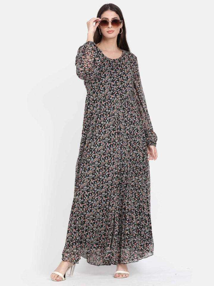 Black Floral Print Pleated Maxi Dress (GBF7004) - G O O S E B E R Y®