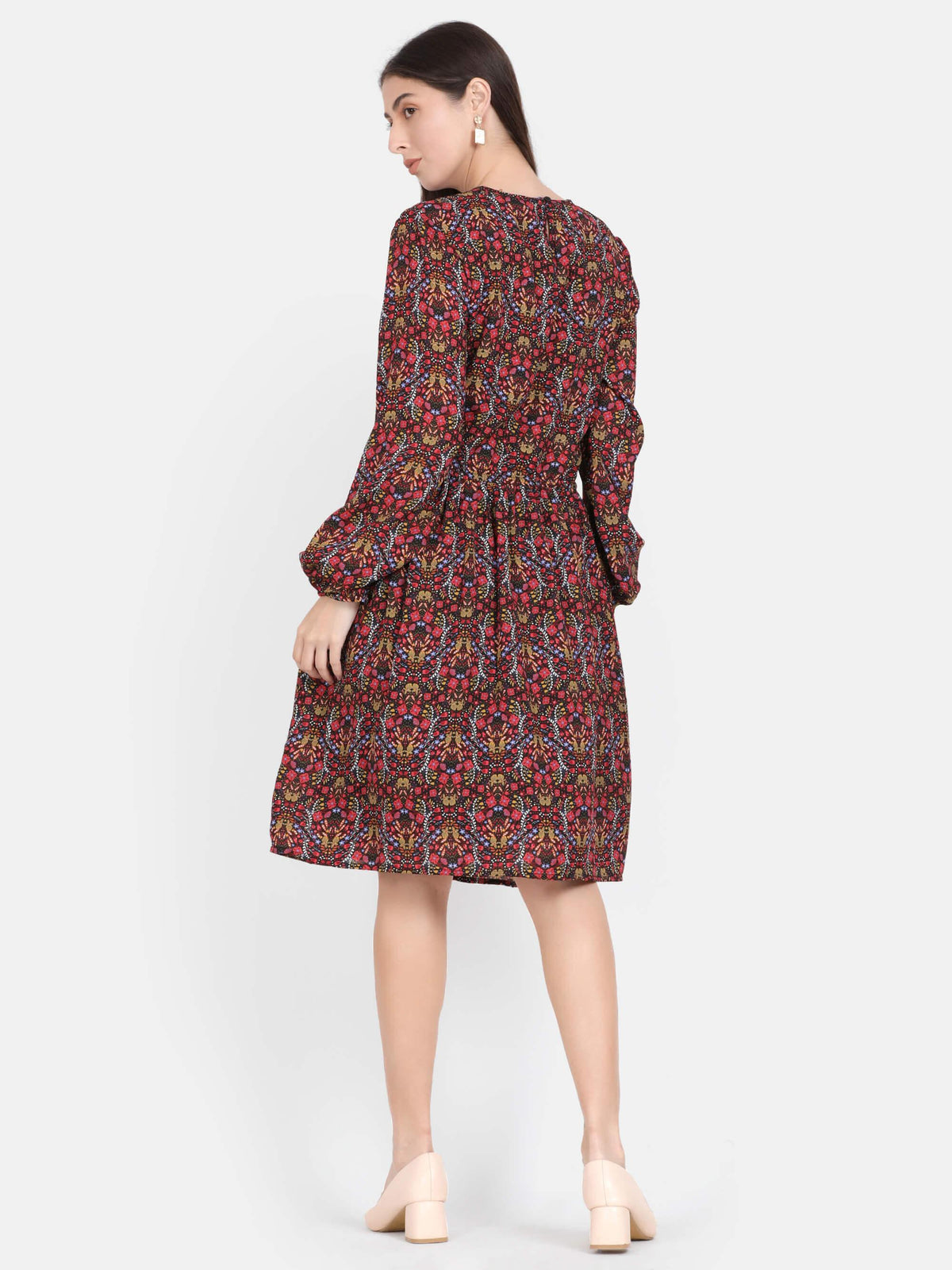 Red Floral Printed Knee Length Dress (GBF7007) - G O O S E B E R Y®