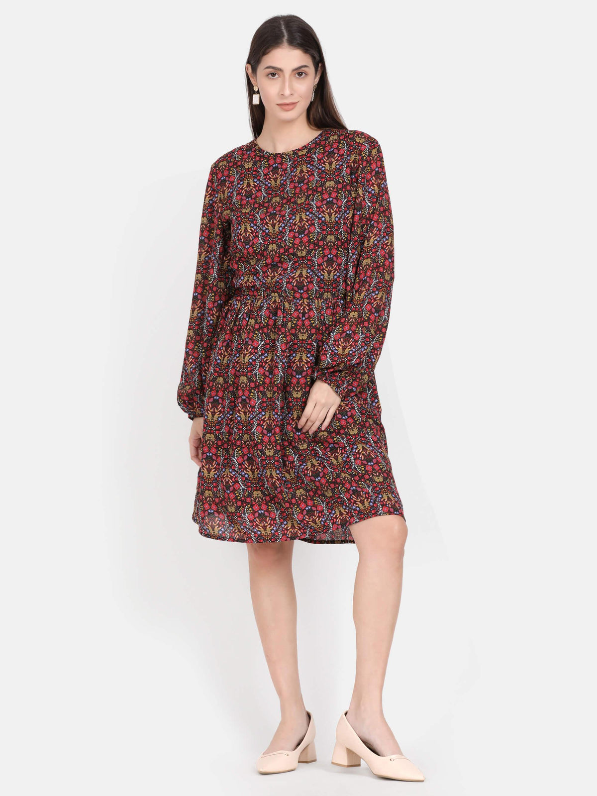 Red Floral Printed Knee Length Dress (GBF7007) - G O O S E B E R Y®
