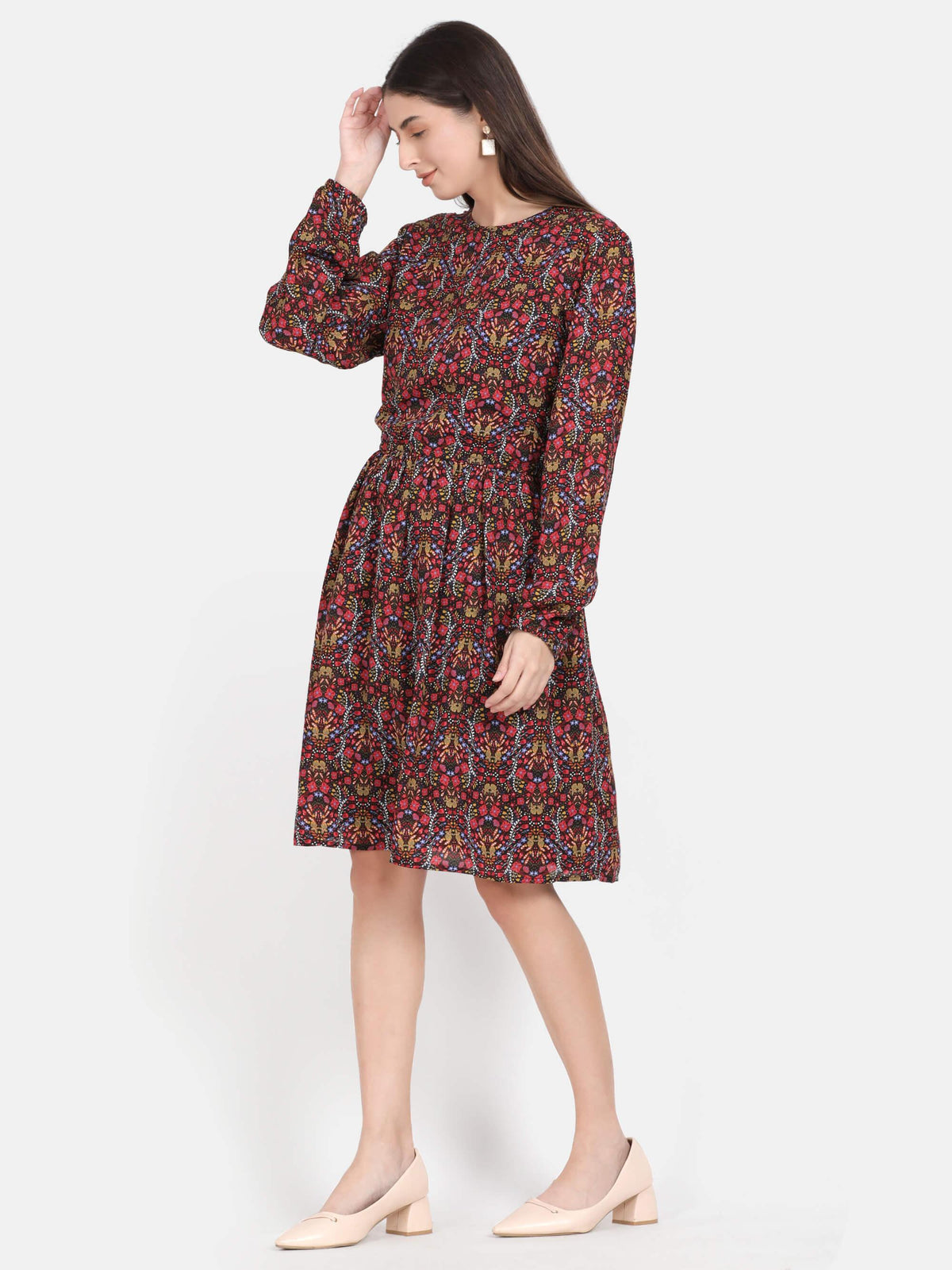 Red Floral Printed Knee Length Dress (GBF7007) - G O O S E B E R Y®