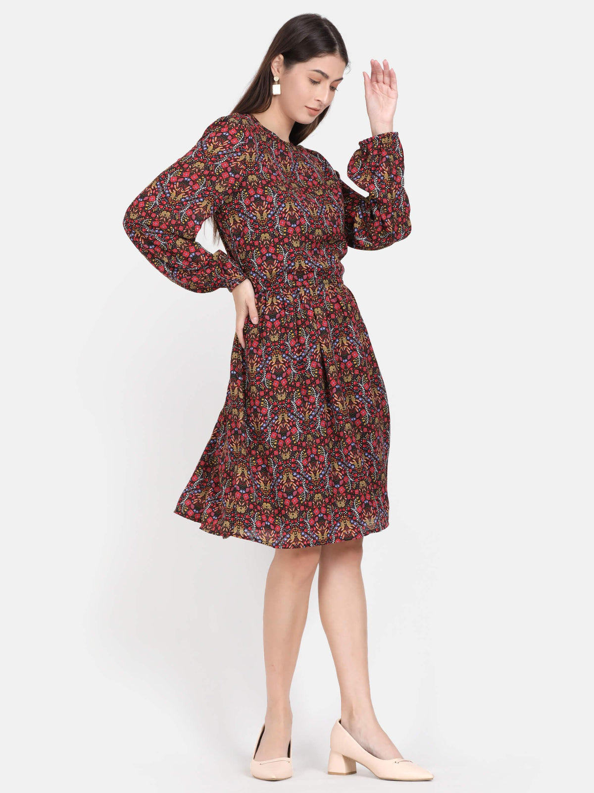 Red Floral Printed Knee Length Dress (GBF7007) - G O O S E B E R Y®