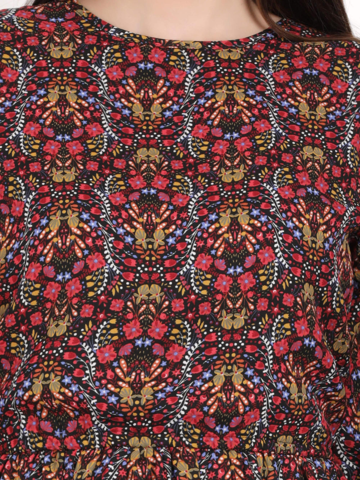Red Floral Printed Knee Length Dress (GBF7007) - G O O S E B E R Y®