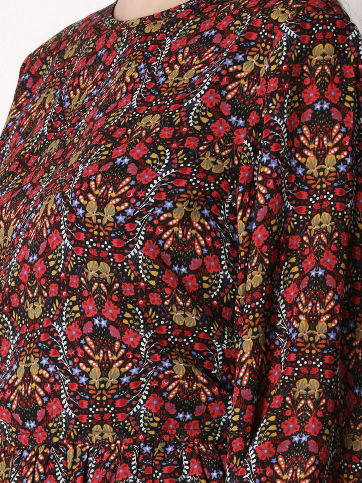 Red Floral Printed Knee Length Dress (GBF7007) - G O O S E B E R Y®