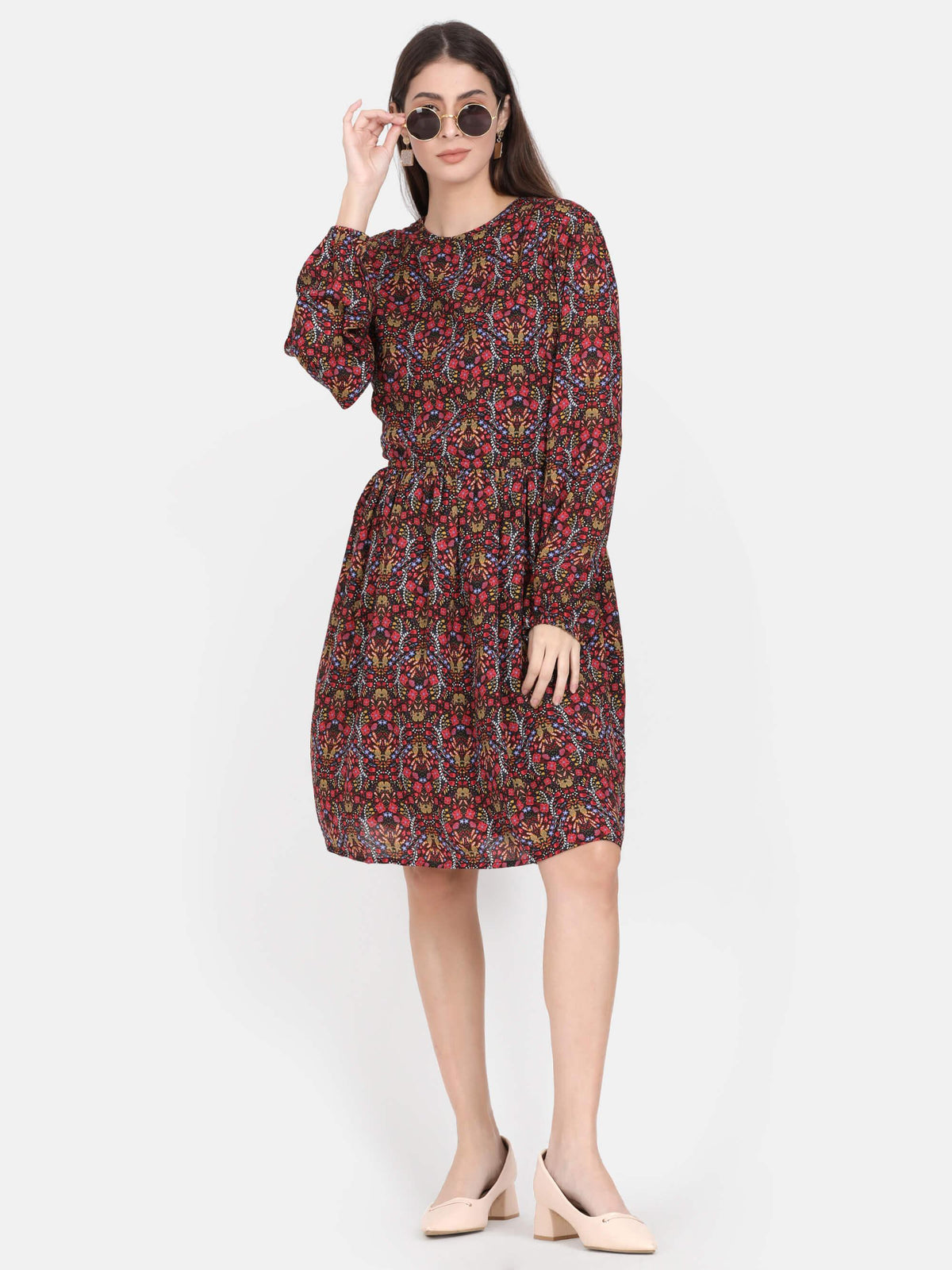 Red Floral Printed Knee Length Dress (GBF7007) - G O O S E B E R Y®