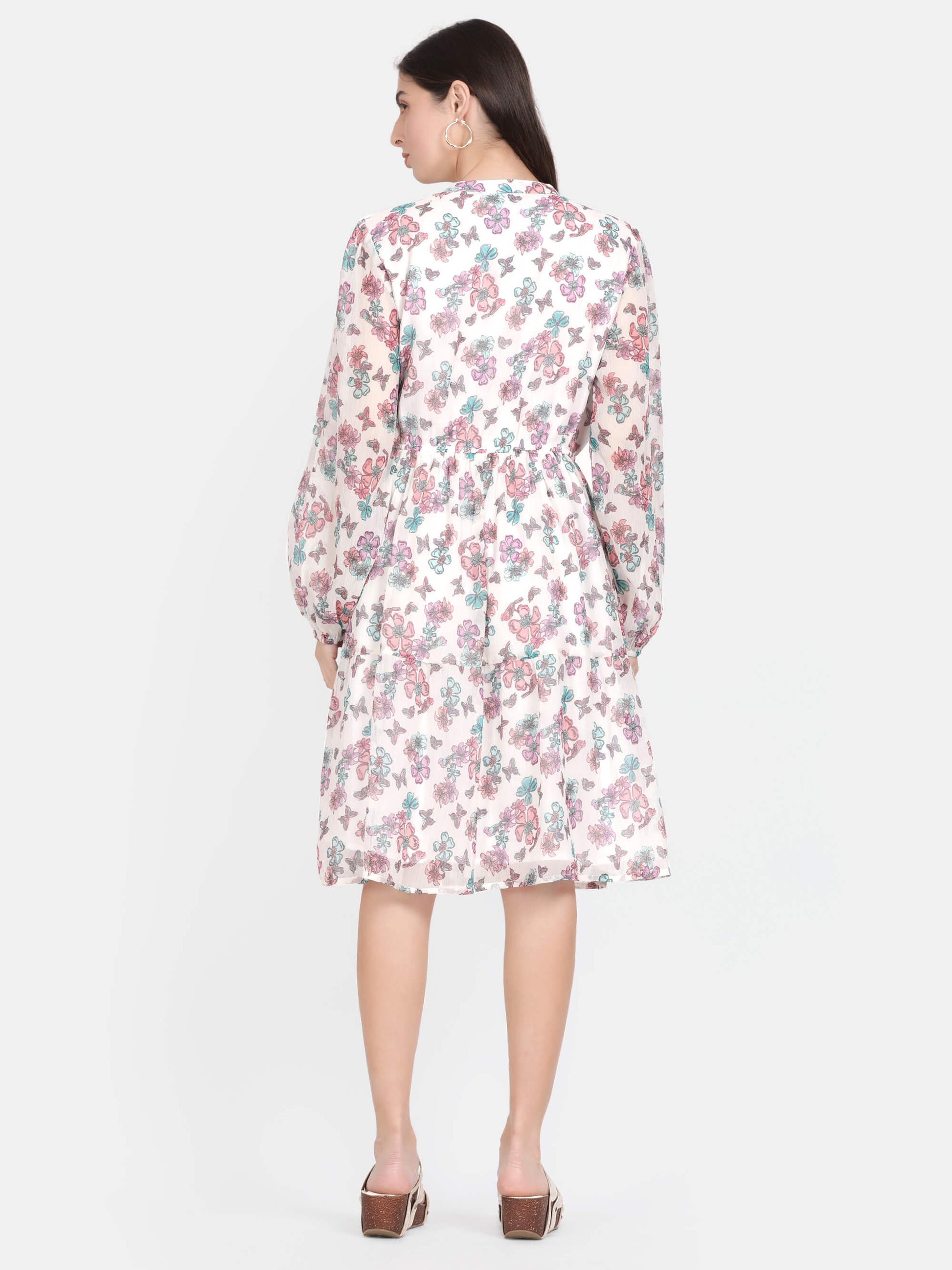 White Floral Printed Knee Length Dress (GBF7009) - G O O S E B E R Y®