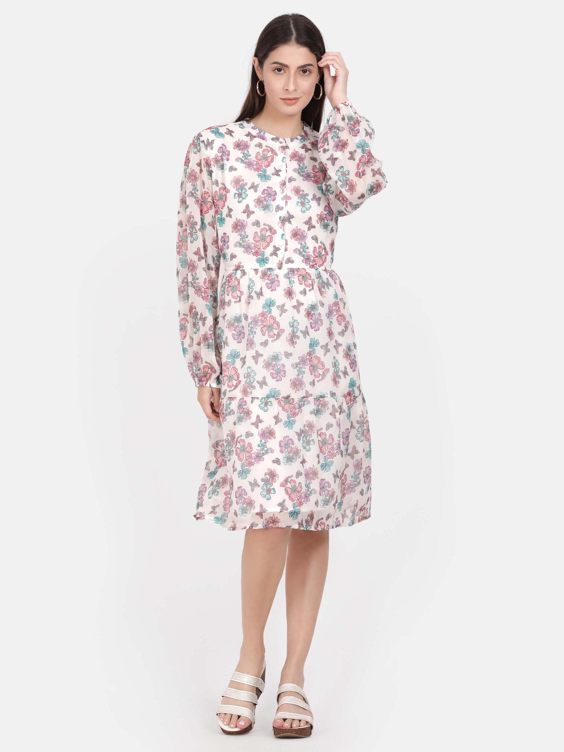 White Floral Printed Knee Length Dress (GBF7009) - G O O S E B E R Y®