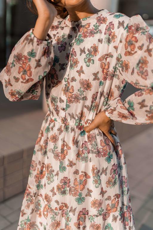 White Floral Printed Knee Length Dress (GBF7009) - GOOSEBERY