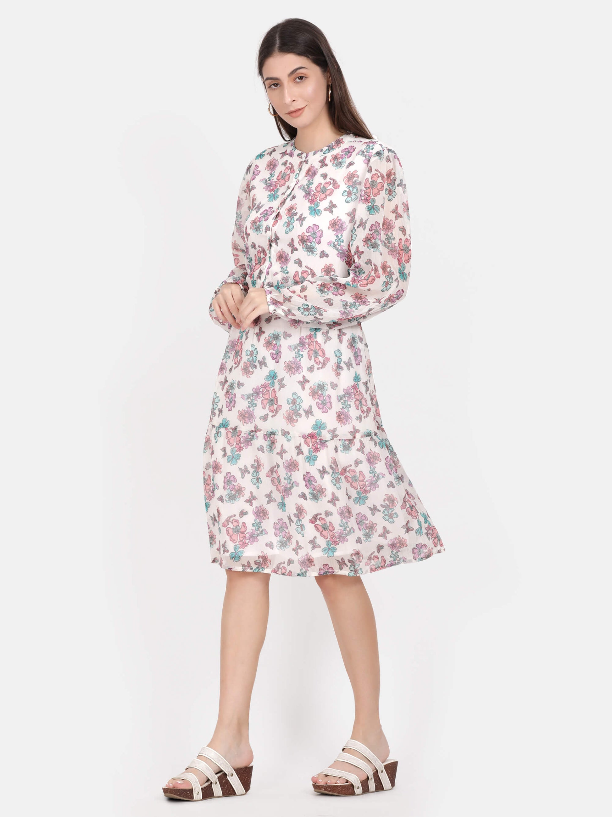 White Floral Printed Knee Length Dress (GBF7009) - G O O S E B E R Y®