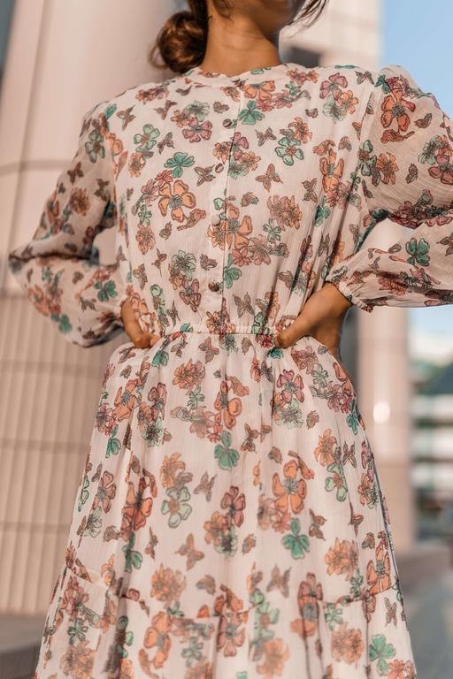 White Floral Printed Knee Length Dress (GBF7009) - GOOSEBERY