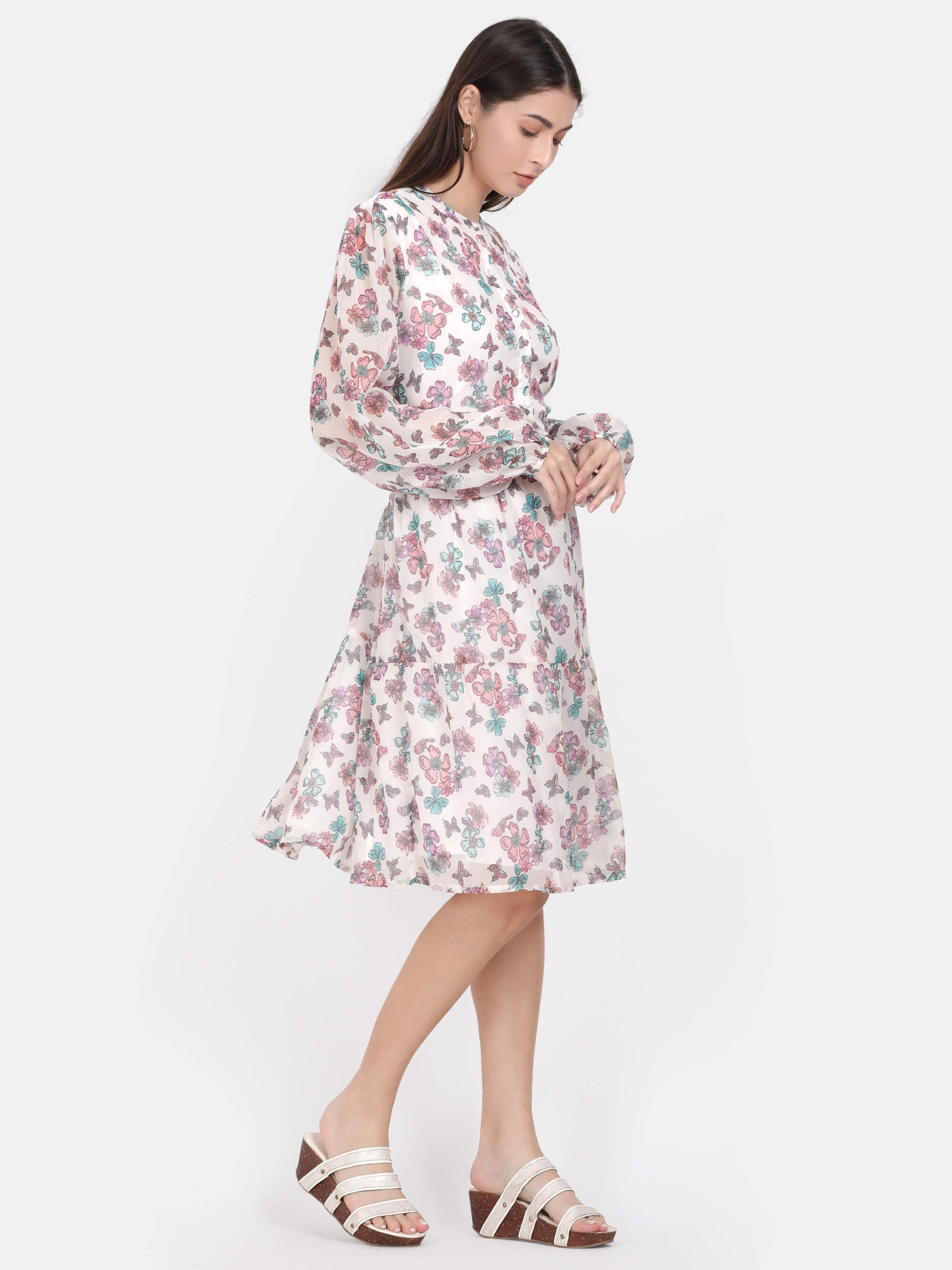 White Floral Printed Knee Length Dress (GBF7009) - G O O S E B E R Y®