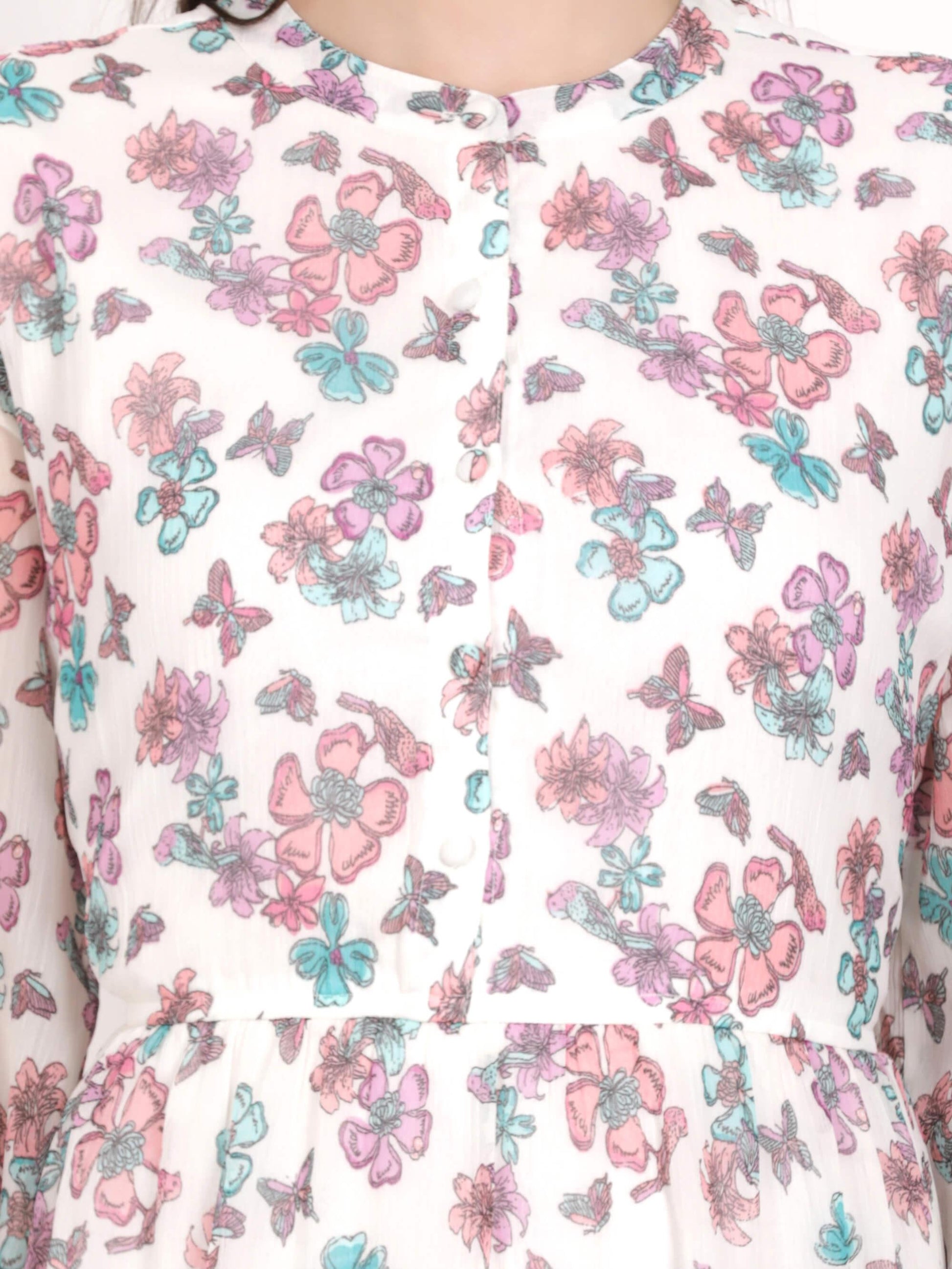 White Floral Printed Knee Length Dress (GBF7009) - G O O S E B E R Y®