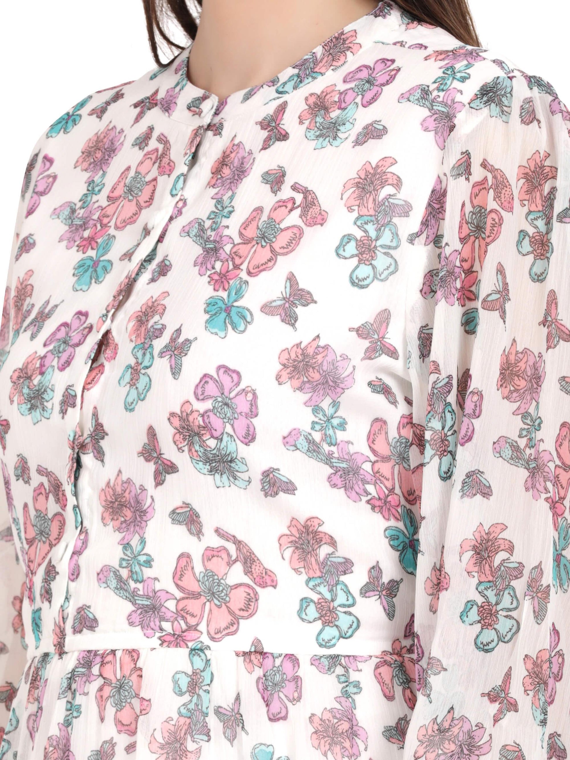 White Floral Printed Knee Length Dress (GBF7009) - G O O S E B E R Y®