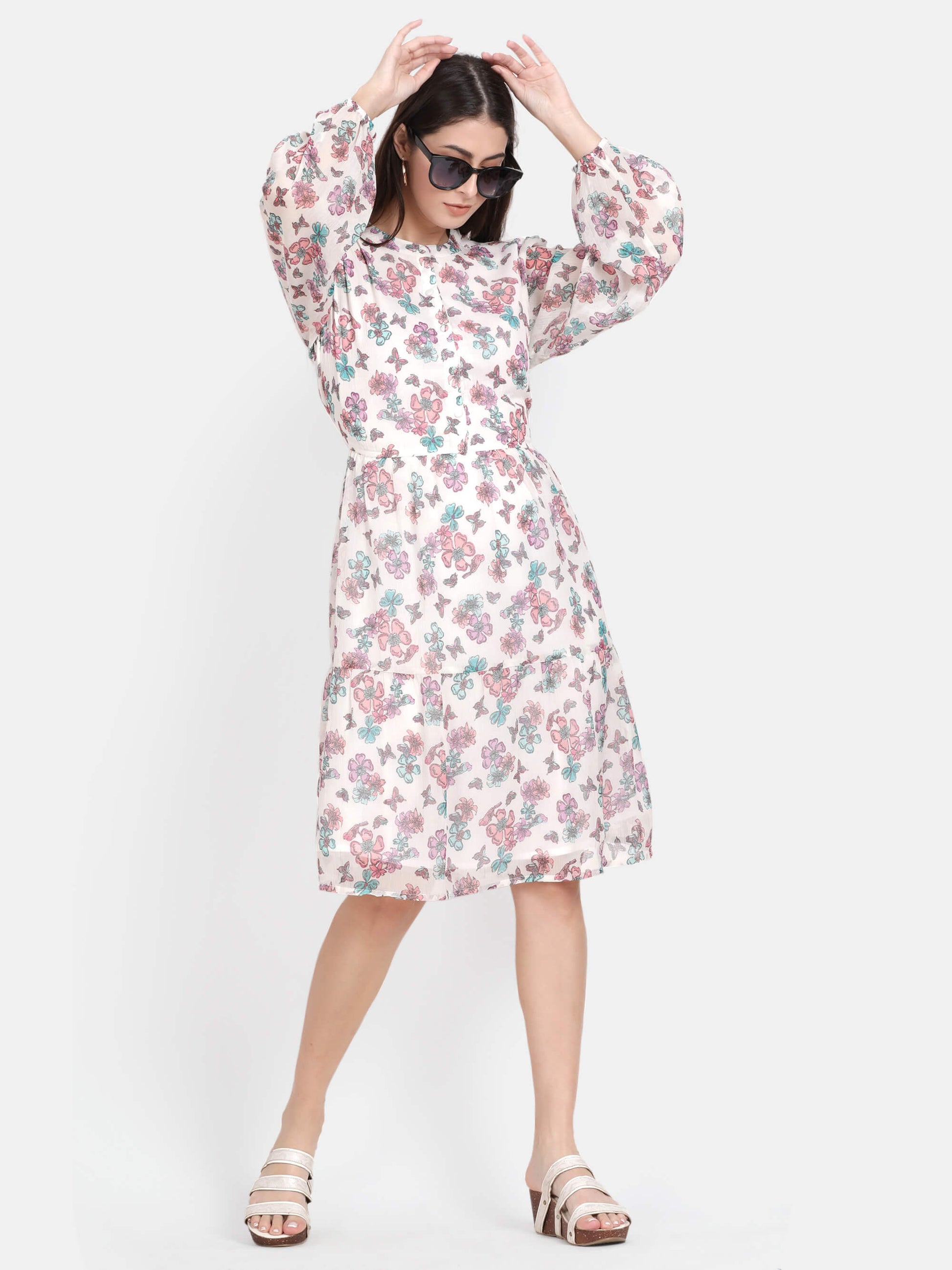 White Floral Printed Knee Length Dress (GBF7009) - G O O S E B E R Y®