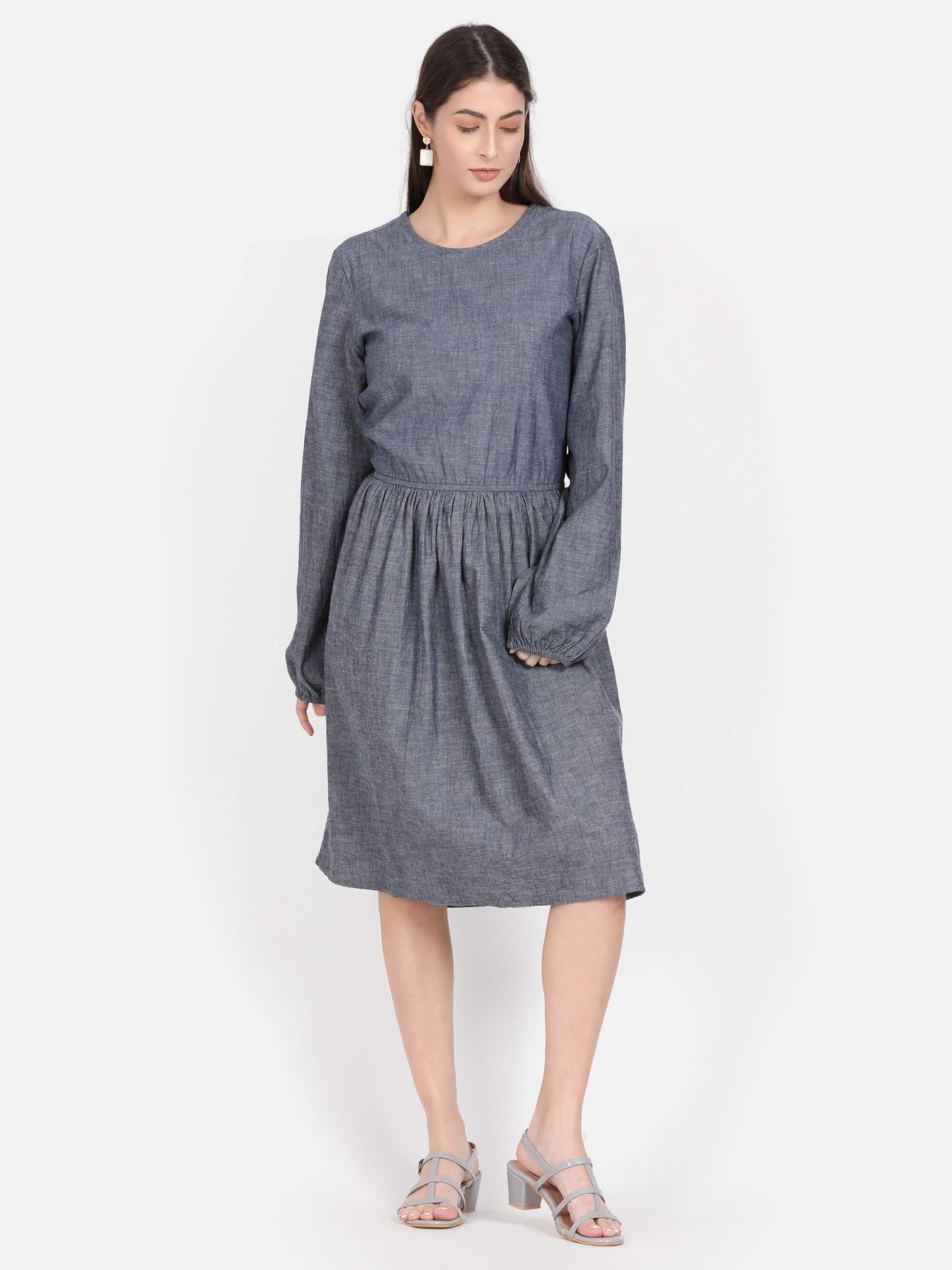 Solid Denim Effect Blue Knee Length Blue Dress (GBF7010) - G O O S E B E R Y®