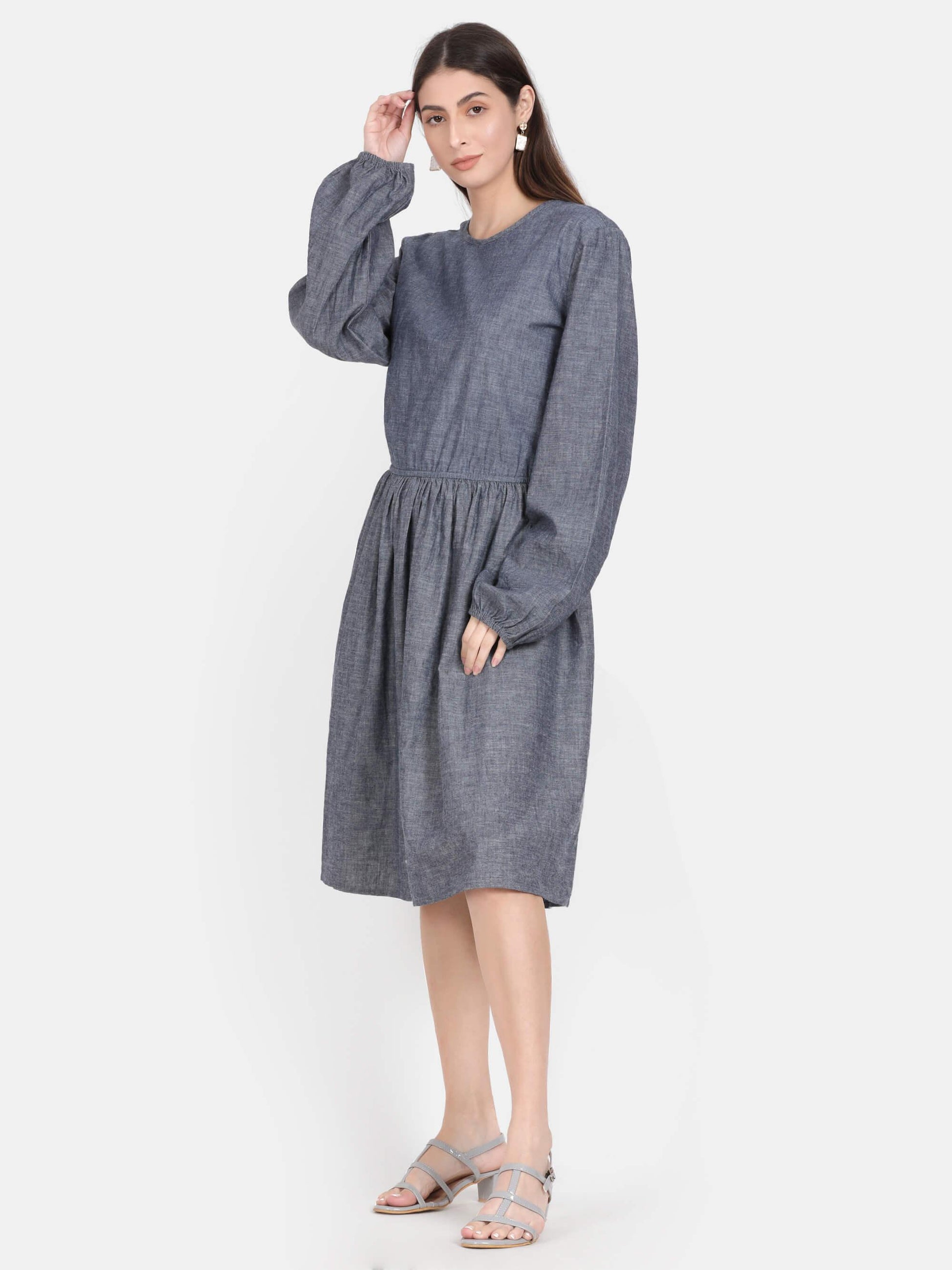 Solid Denim Effect Blue Knee Length Blue Dress (GBF7010) - G O O S E B E R Y®