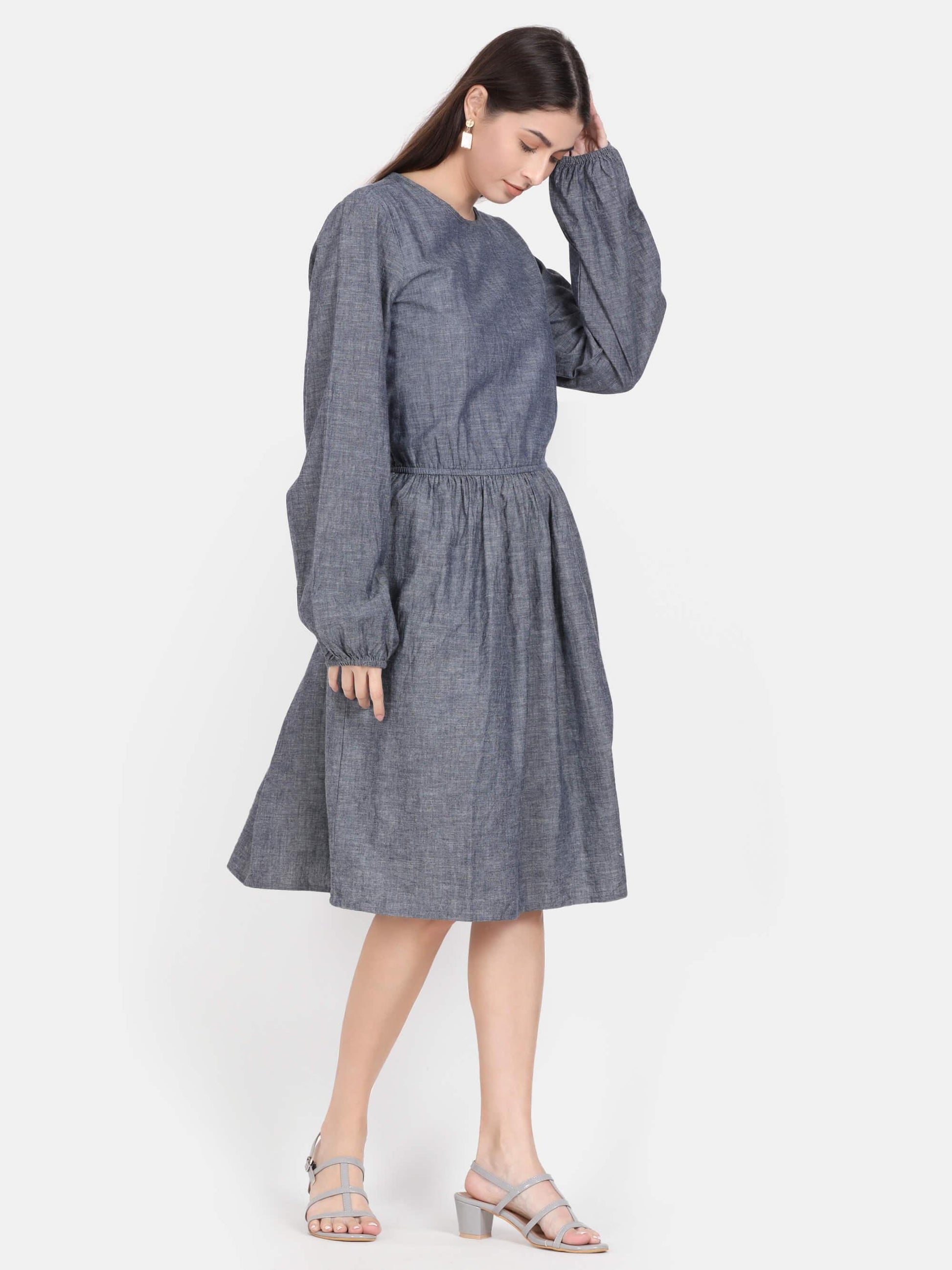 Solid Denim Effect Blue Knee Length Blue Dress (GBF7010) - G O O S E B E R Y®