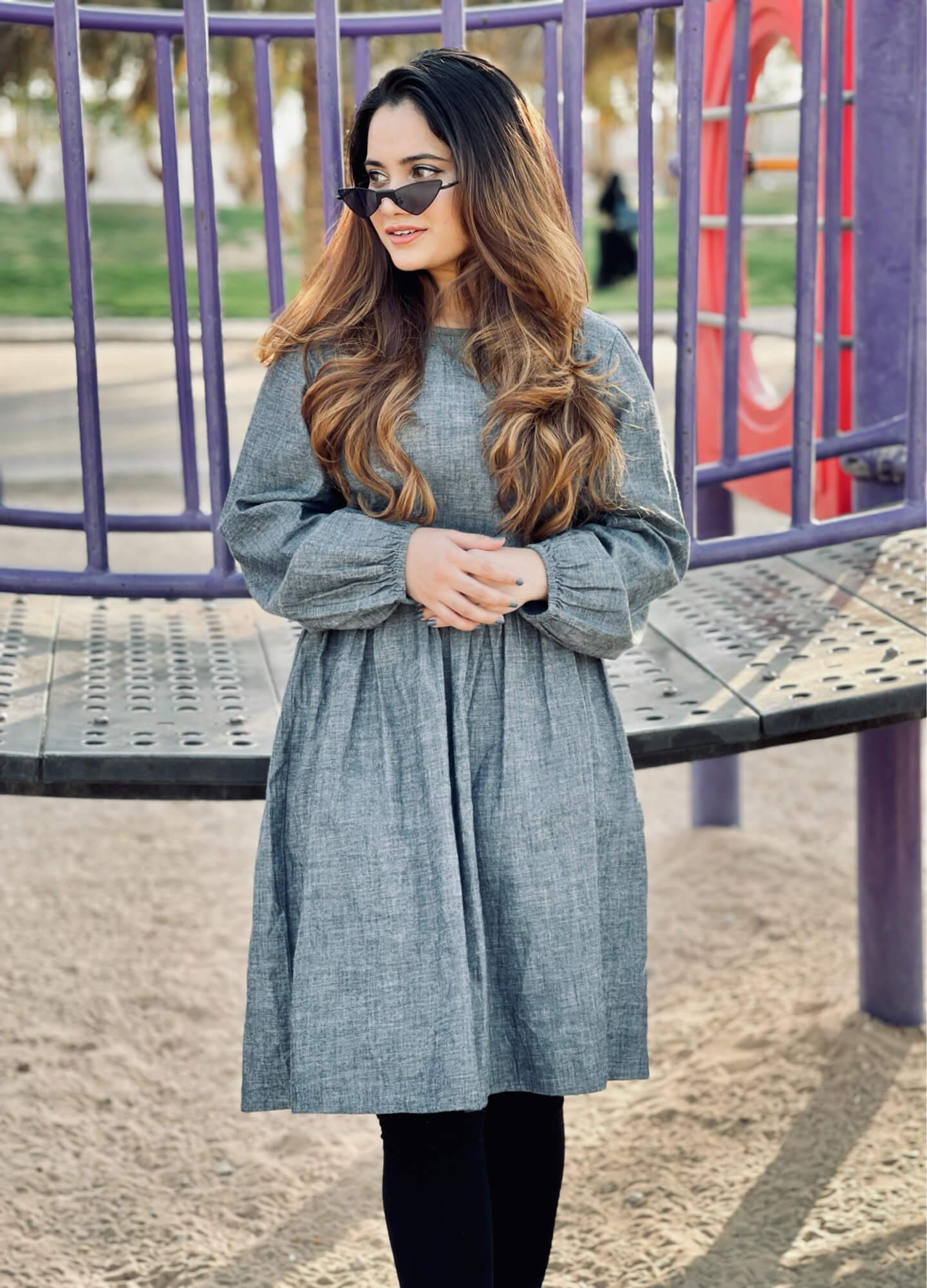 Solid Denim Effect Blue Knee Length Blue Dress (GBF7010) - G O O S E B E R Y®