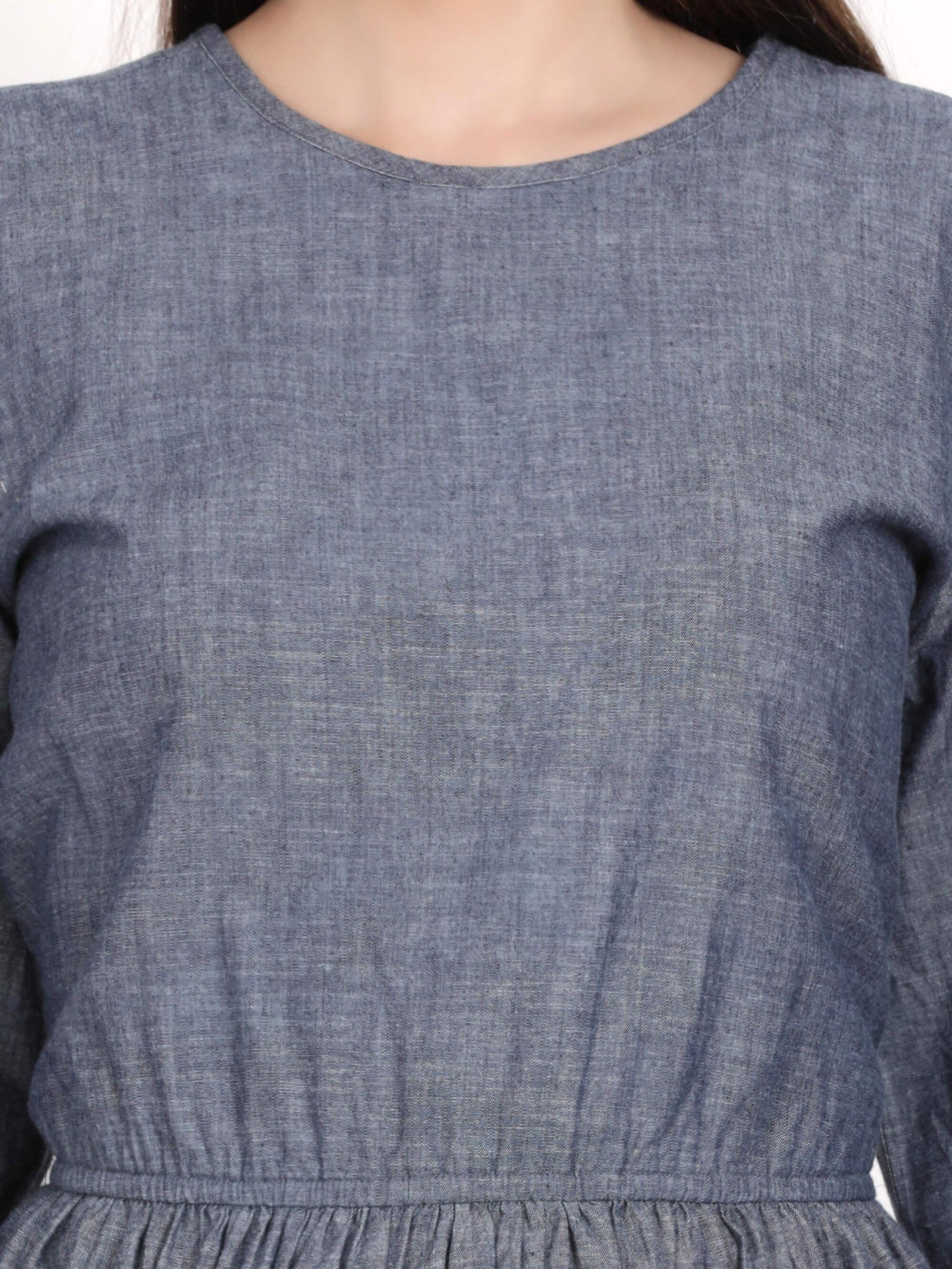 Solid Denim Effect Blue Knee Length Blue Dress (GBF7010) - G O O S E B E R Y®