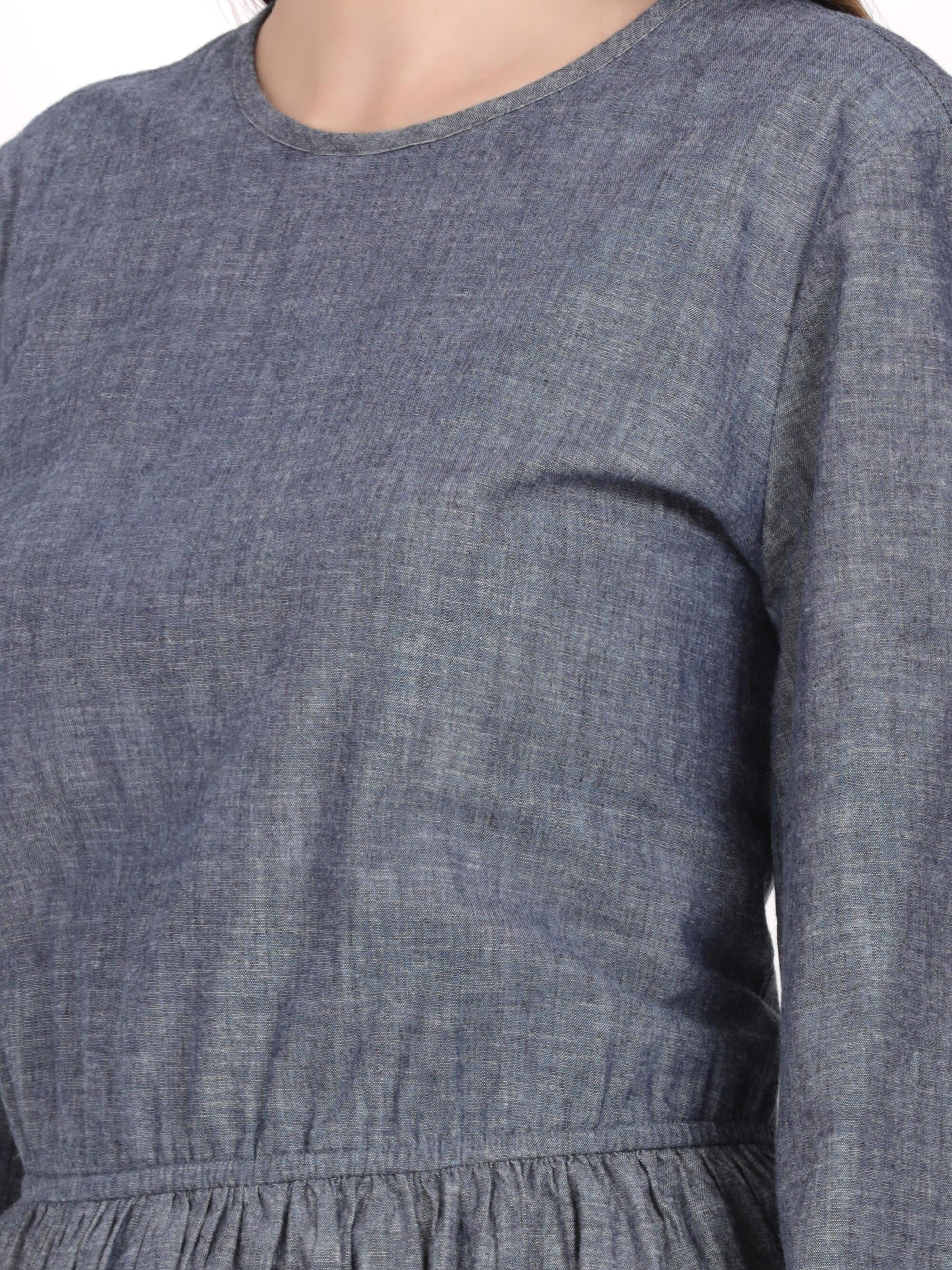Solid Denim Effect Blue Knee Length Blue Dress (GBF7010) - G O O S E B E R Y®
