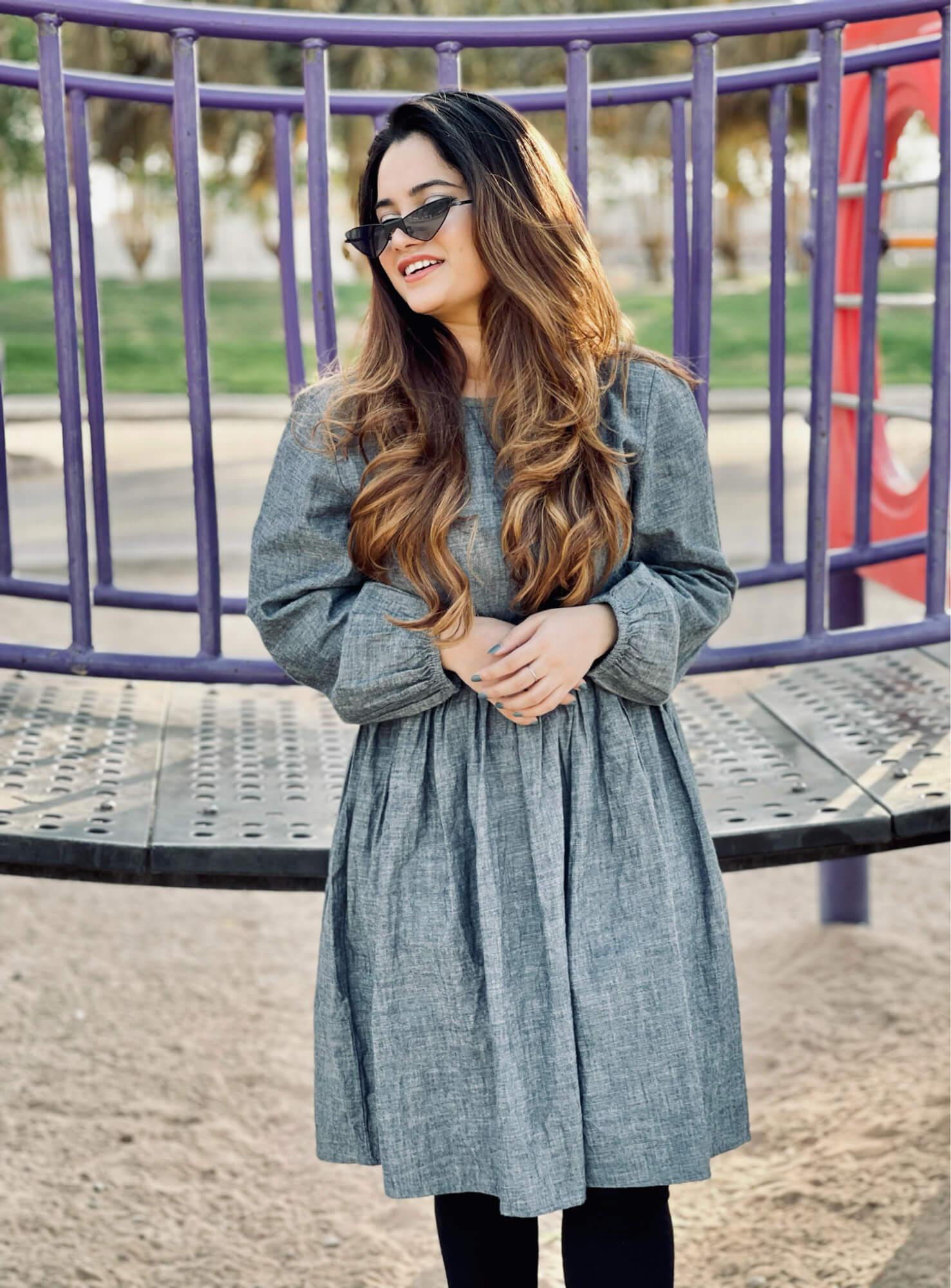 Solid Denim Effect Blue Knee Length Blue Dress (GBF7010) - G O O S E B E R Y®