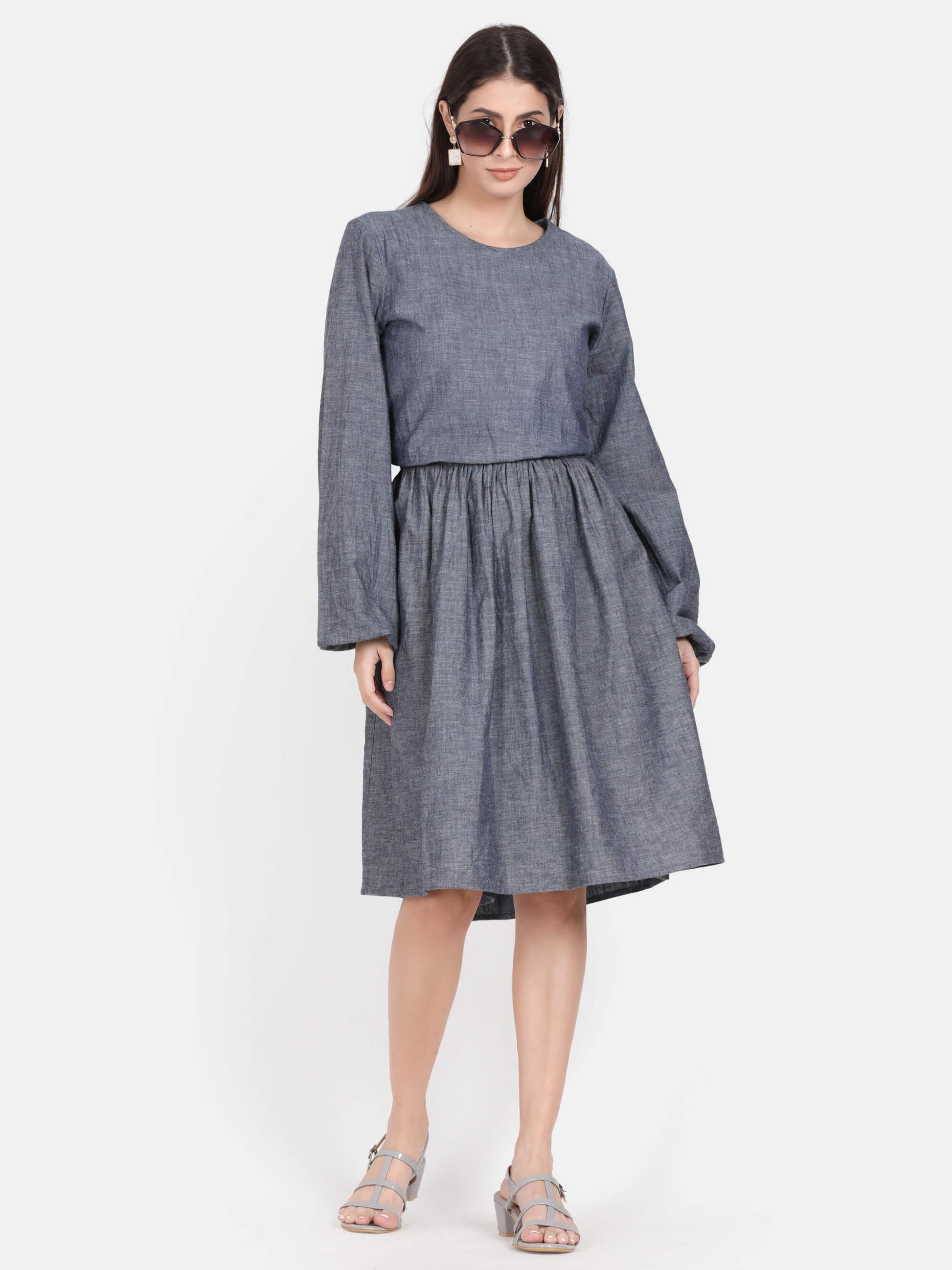 Solid Denim Effect Blue Knee Length Blue Dress (GBF7010) - G O O S E B E R Y®