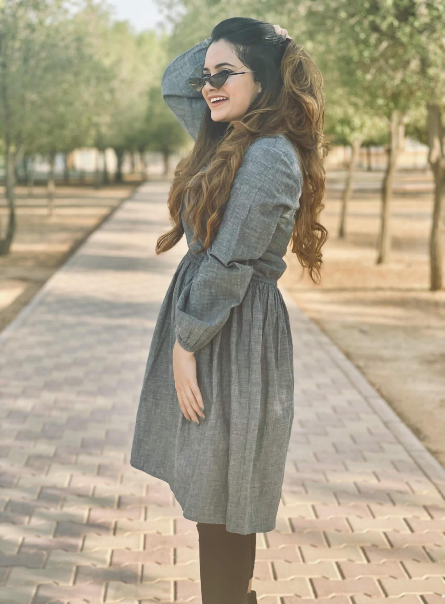 Solid Denim Effect Blue Knee Length Blue Dress (GBF7010) - G O O S E B E R Y®