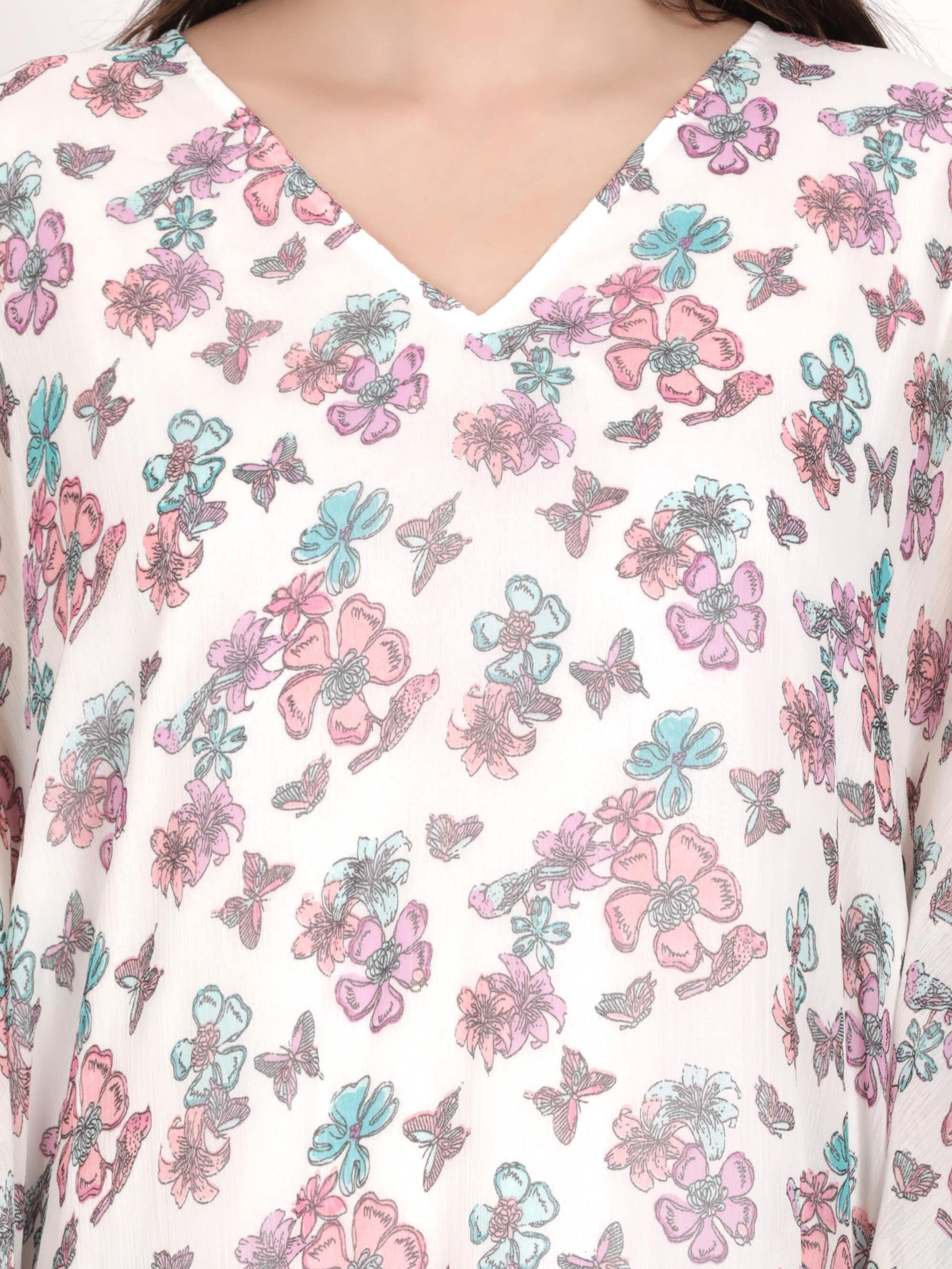 Floral Kaftan Top With Lace Detailing (GBF7012) - G O O S E B E R Y®