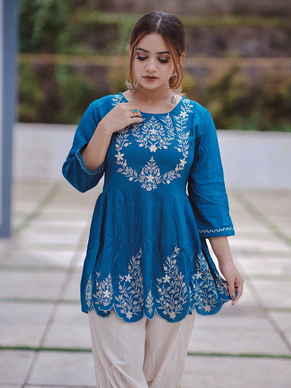 Blue Embroidery Print Short Top For Women (GBFT14847)